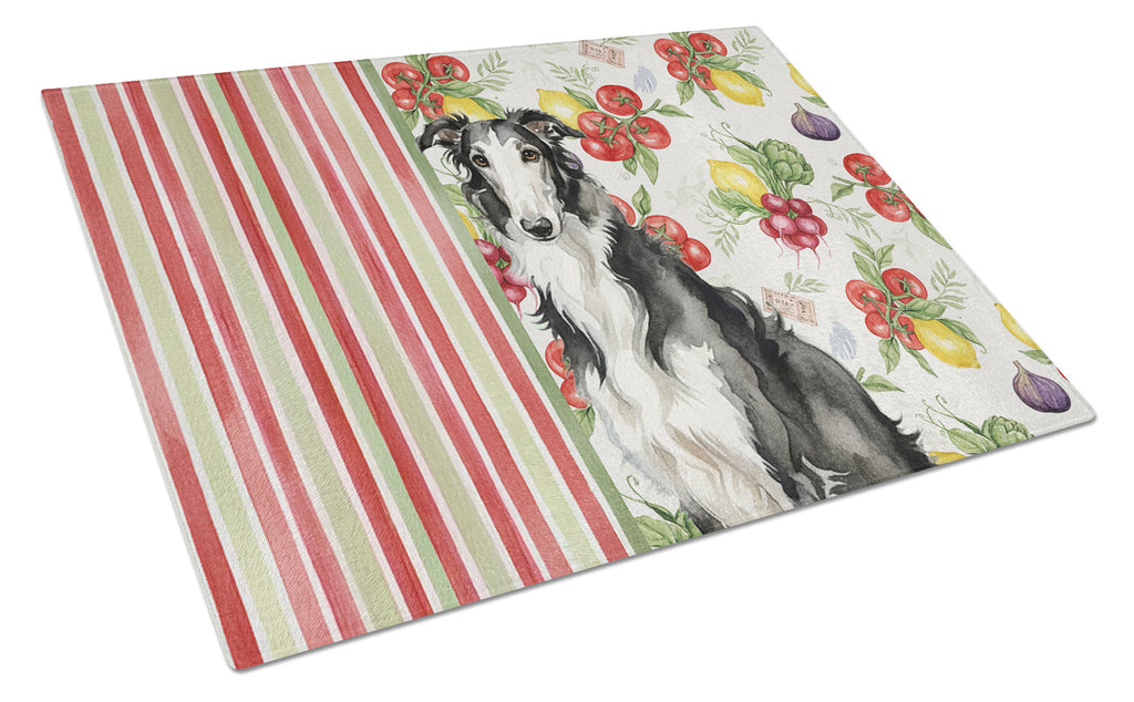 Black and White Borzoi Vegetables Cutting Board Tempered Glass Kitchen Cutting Surface, Heat Resistant Chopping, Non-Slip Feet, Food Prep & Serving
