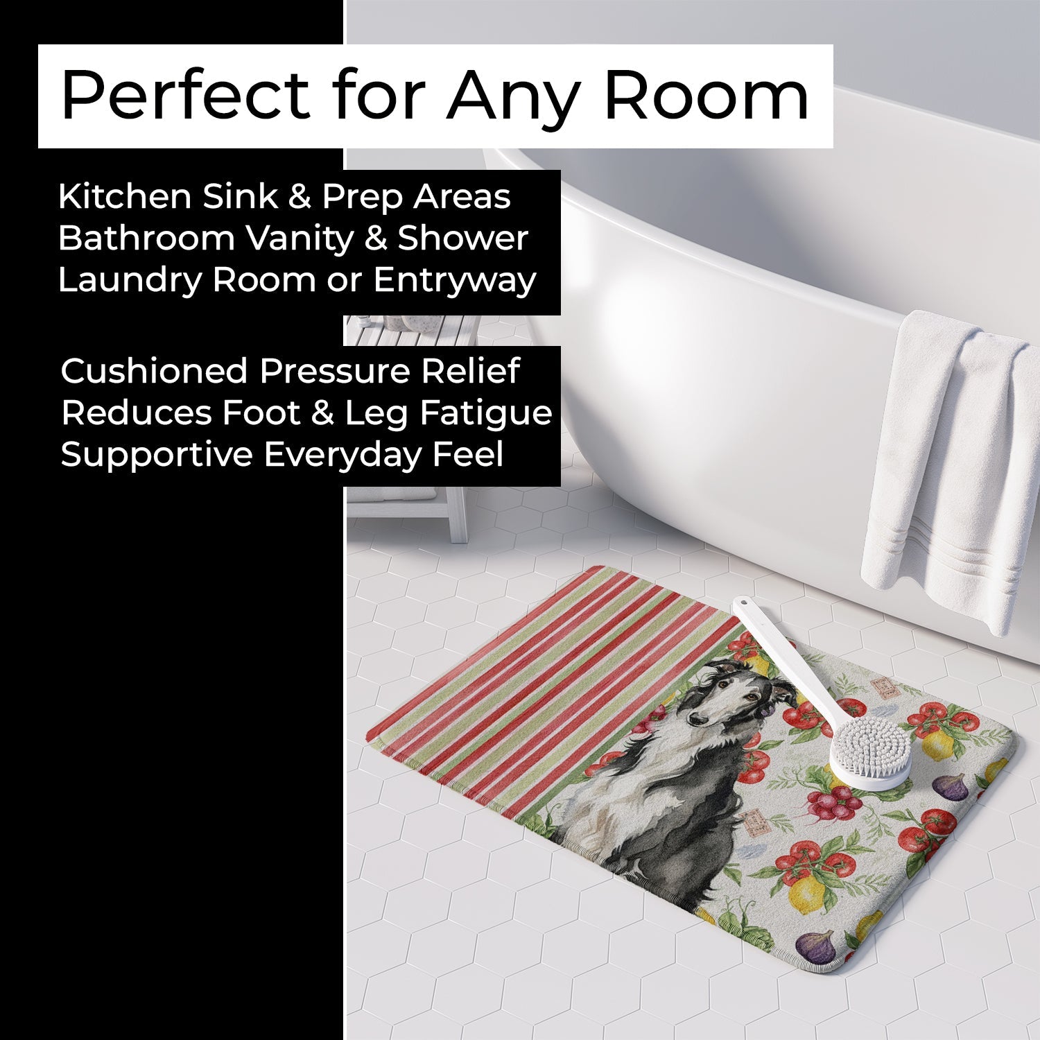 Black and White Borzoi Vegetables Memory Foam Kitchen Mat Machine Washable Anti-Fatigue Cushion Comfort Bath or Kitchen Rug