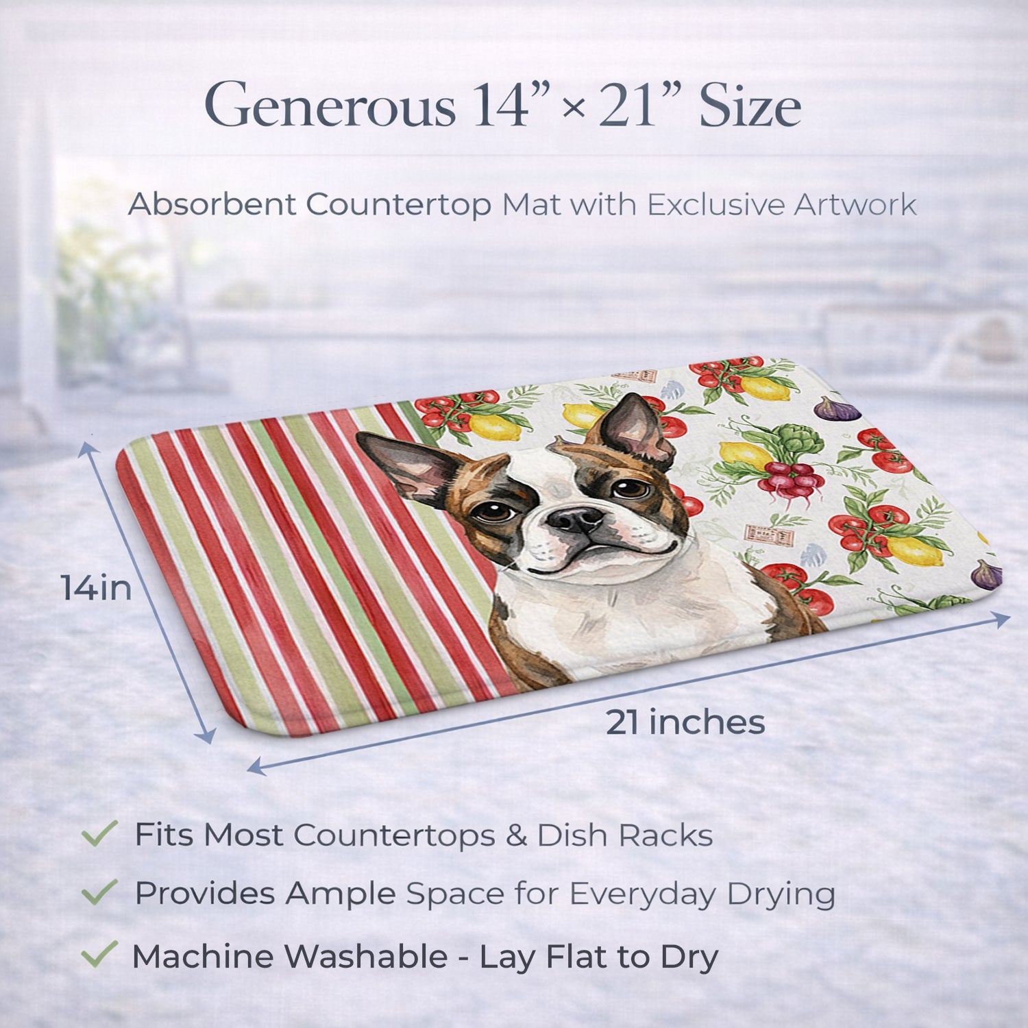 Brindle Boston Terrier Vegetables Dish Drying Mat Absorbent Dish Drying Mat Pad for Kitchen Counter Dish Drainer Mat for Countertop, 14 x 21", Multicolor