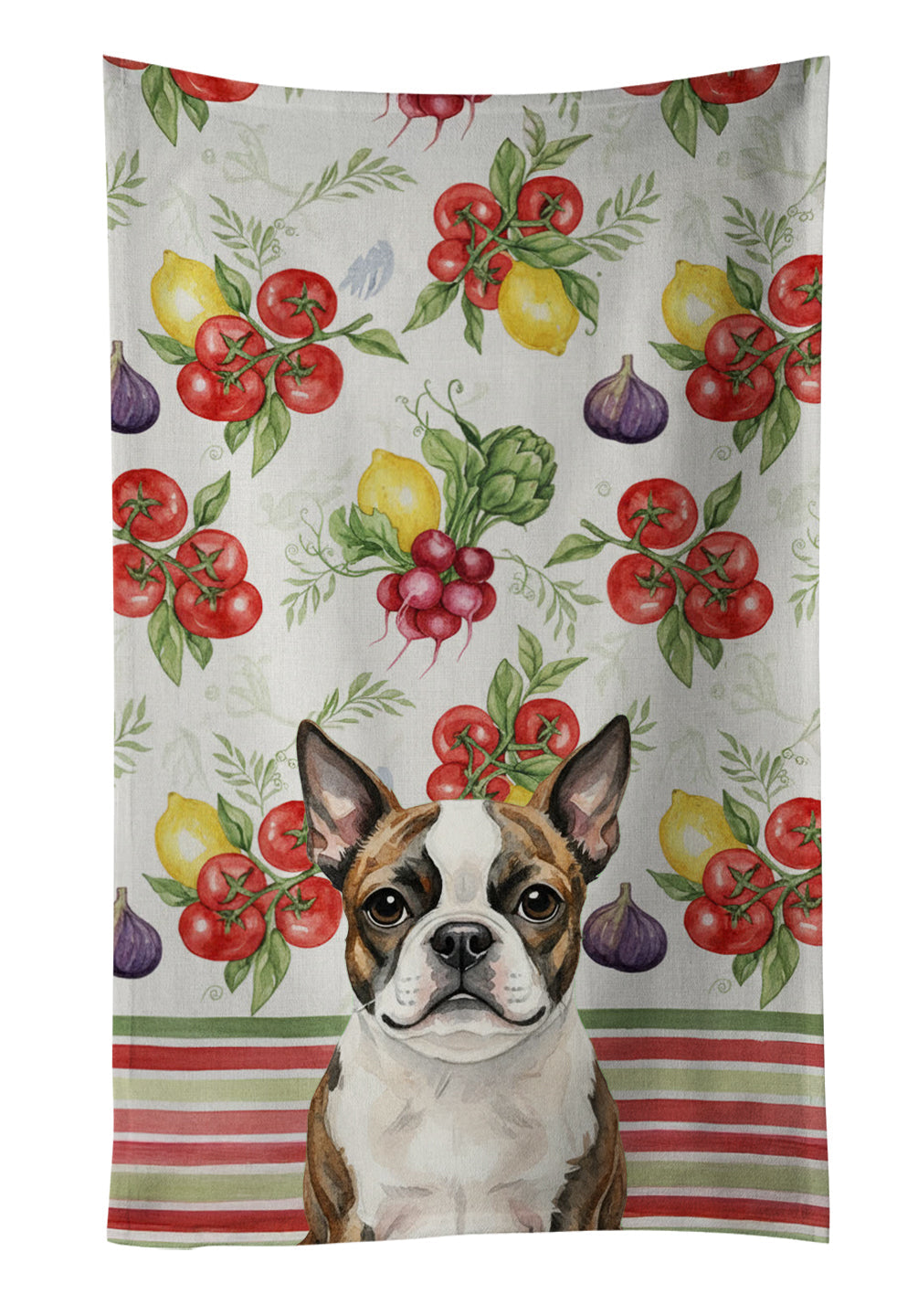 Brindle Boston Terrier Vegetables Kitchen Towel Velour Plush Front and Cotton Loop Back Machine Washable