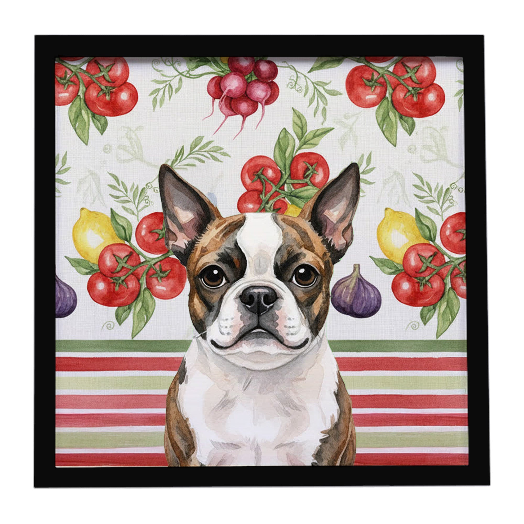 Brindle Boston Terrier Vegetables Framed Metal Print Bathroom, Kitchen, Office, Home Decor Wall Art Ready to Hang, Square, 8X8