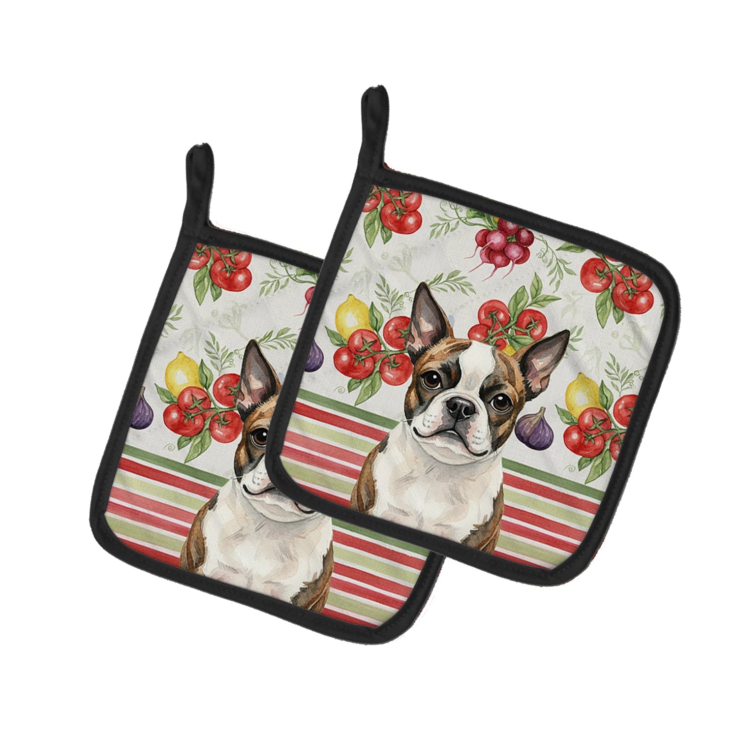 Brindle Boston Terrier Vegetables Pot Holder Set of 2 Heat Resistant Quilted Hot Pads 7.5 x 7.5 Inch, Insulated Kitchen Trivets for Cooking & Baking
