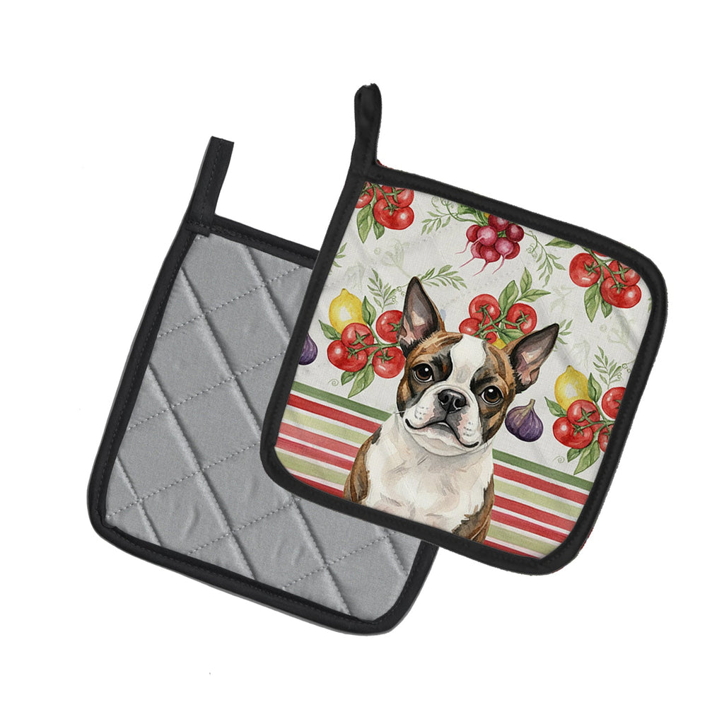 Brindle Boston Terrier Vegetables Pot Holder Set of 2 Heat Resistant Quilted Hot Pads 7.5 x 7.5 Inch, Insulated Kitchen Trivets for Cooking & Baking