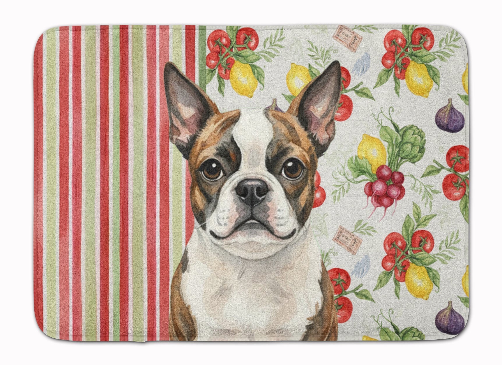 Brindle Boston Terrier Vegetables Memory Foam Kitchen Mat Machine Washable Anti-Fatigue Cushion Comfort Bath or Kitchen Rug