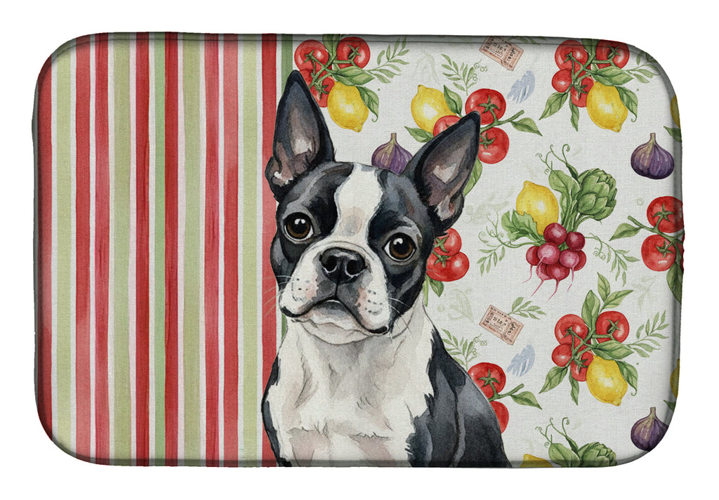 Boston Terrier Vegetables Dish Drying Mat Absorbent Dish Drying Mat Pad for Kitchen Counter Dish Drainer Mat for Countertop, 14 x 21", Multicolor