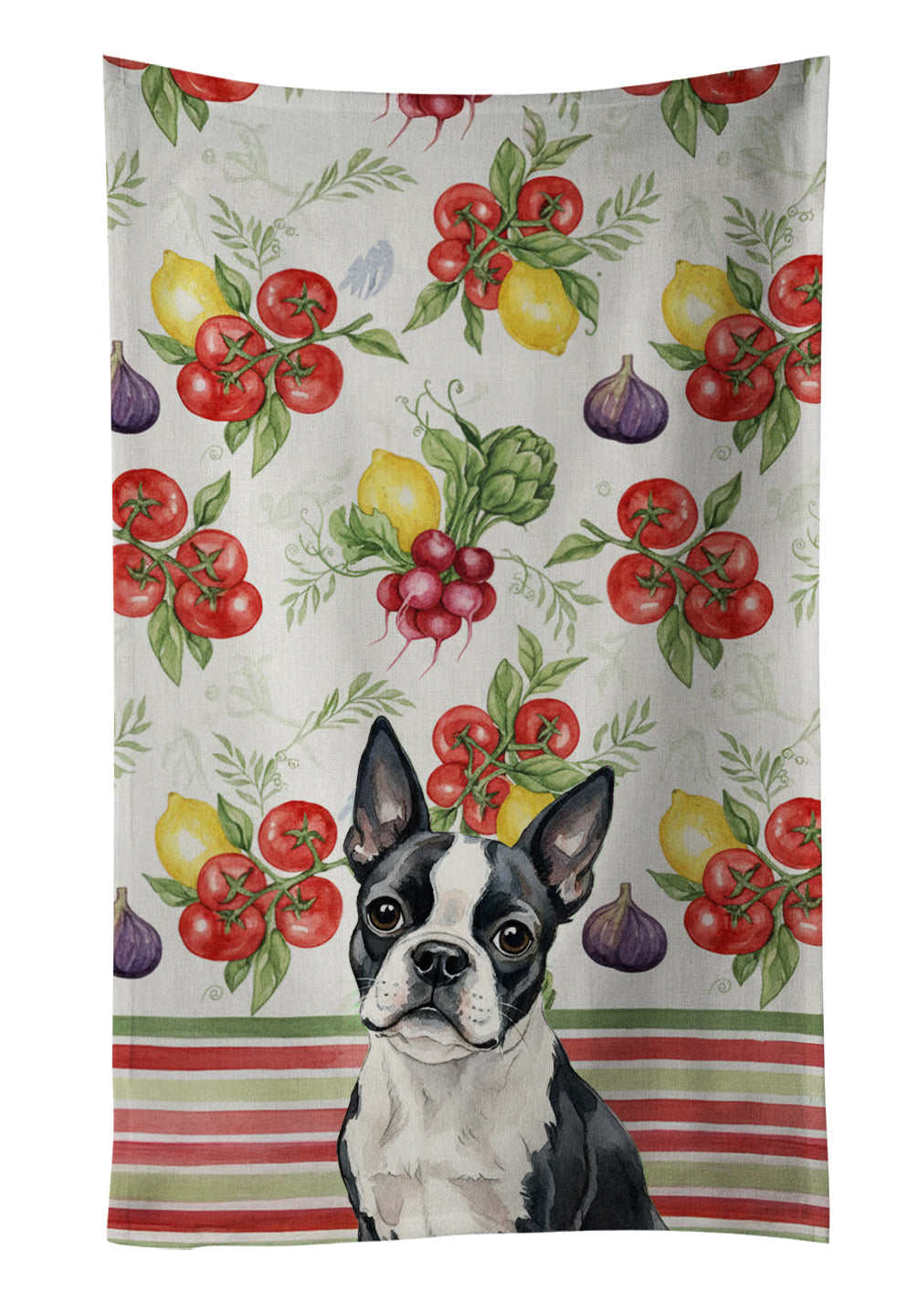 Boston Terrier Vegetables Kitchen Towel Velour Plush Front and Cotton Loop Back Machine Washable