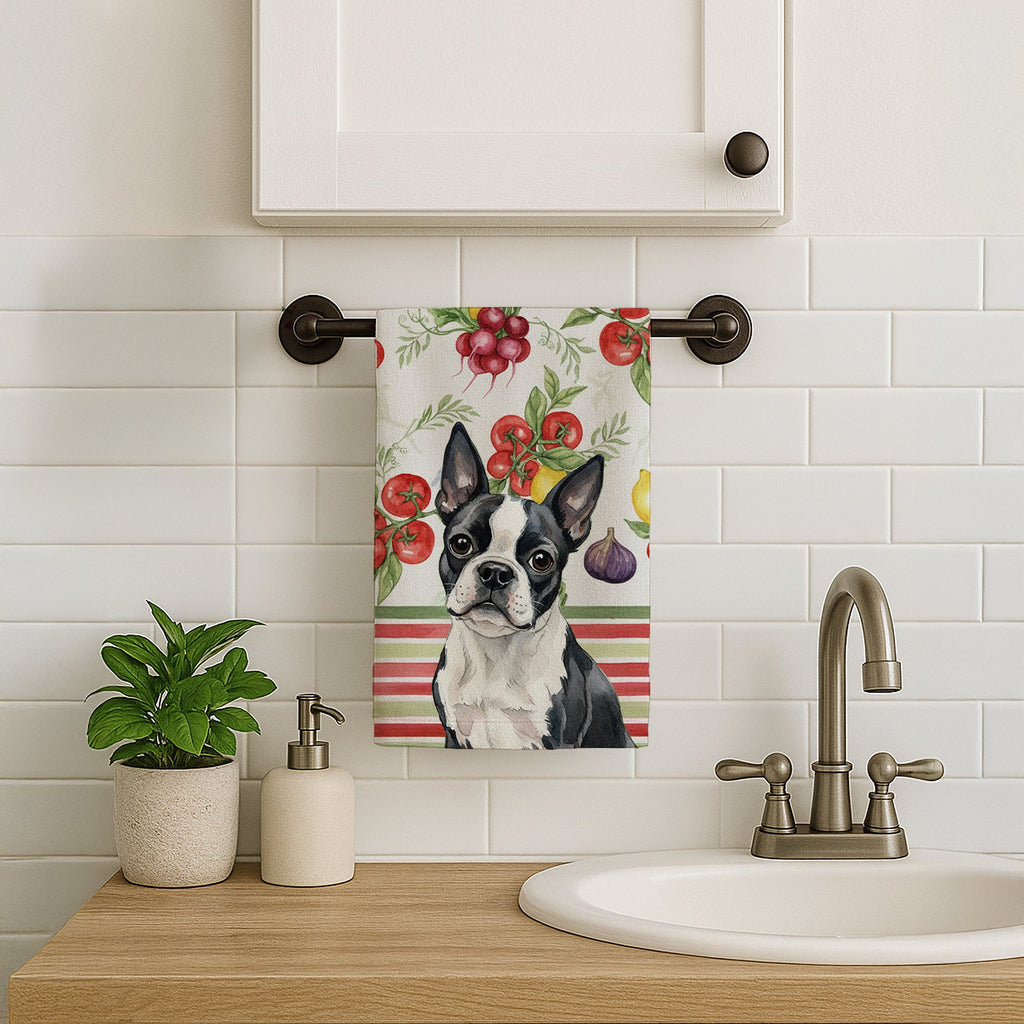 Boston Terrier Vegetables Kitchen Towel Velour Plush Front and Cotton Loop Back Machine Washable