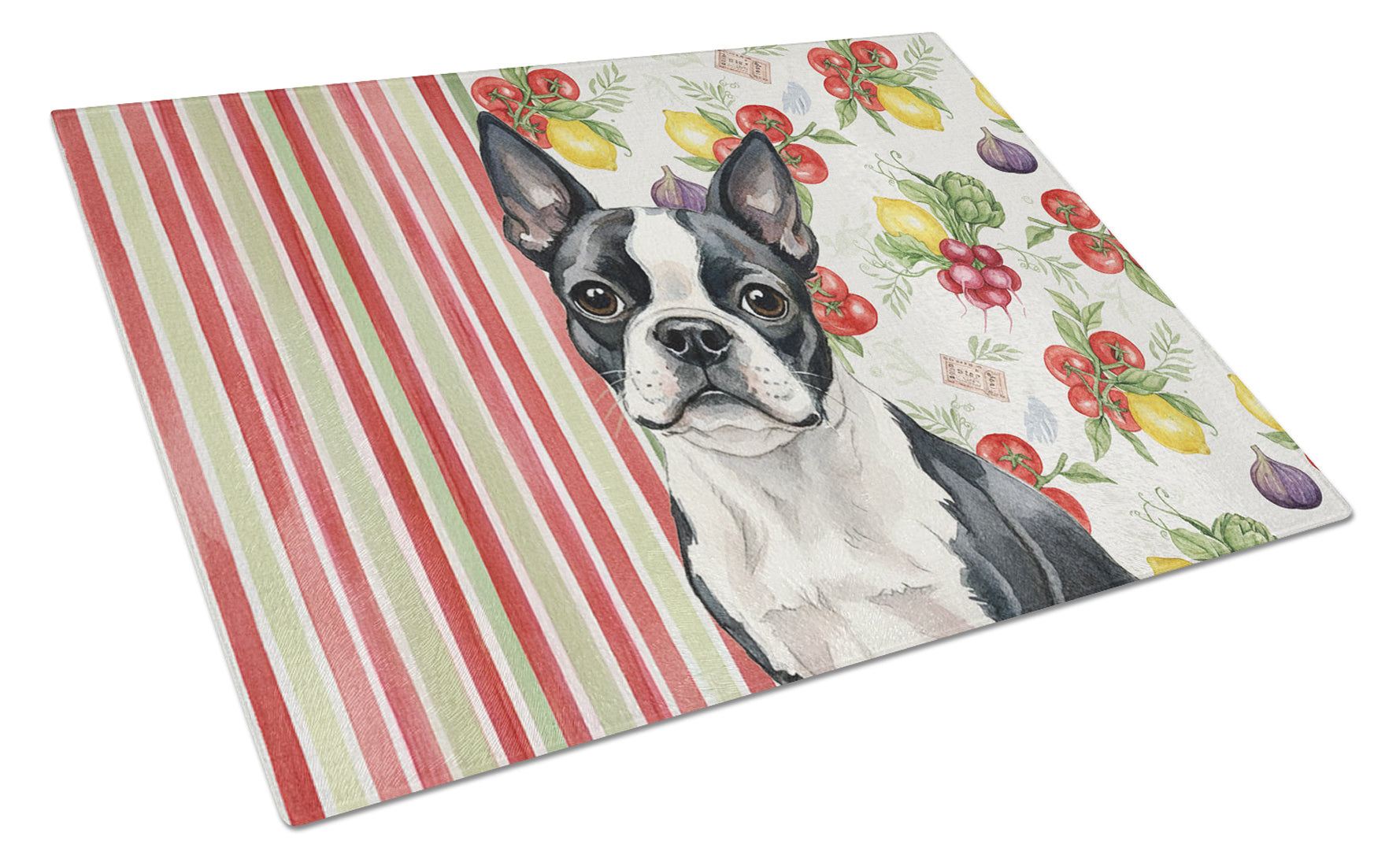 Boston Terrier Vegetables Cutting Board Tempered Glass Kitchen Cutting Surface, Heat Resistant Chopping, Non-Slip Feet, Food Prep & Serving