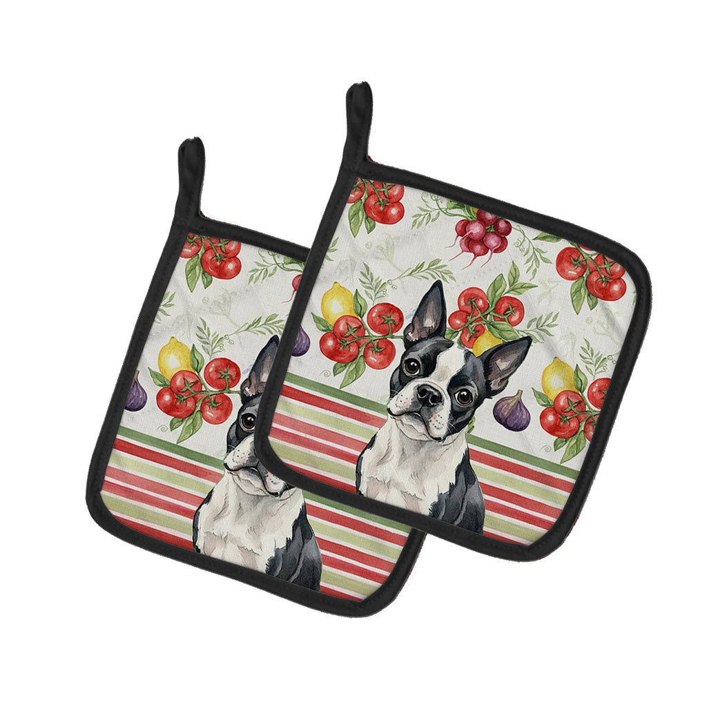Boston Terrier Vegetables Pot Holder Set of 2 Heat Resistant Quilted Hot Pads 7.5 x 7.5 Inch, Insulated Kitchen Trivets for Cooking & Baking