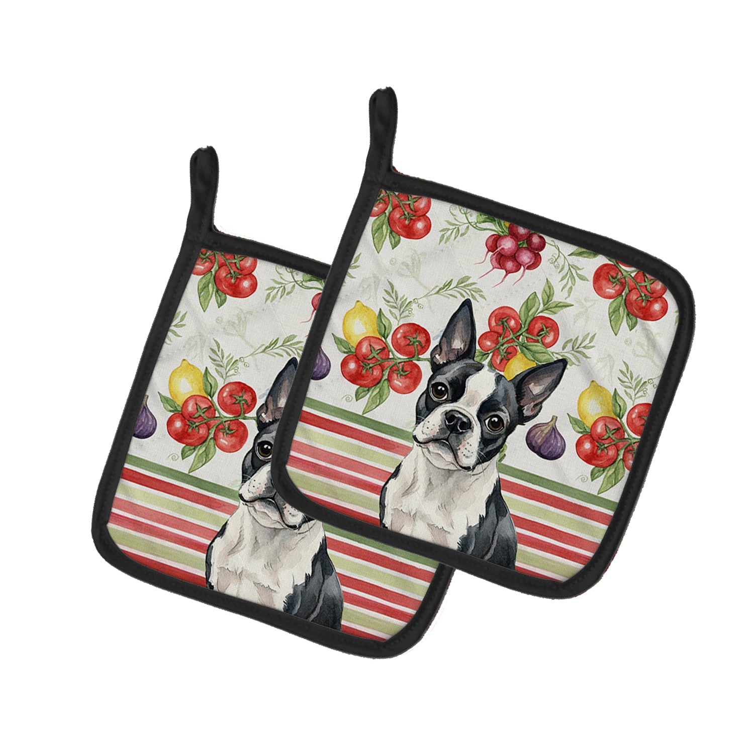 Boston Terrier Vegetables Pot Holder Set of 2 Heat Resistant Quilted Hot Pads 7.5 x 7.5 Inch, Insulated Kitchen Trivets for Cooking & Baking
