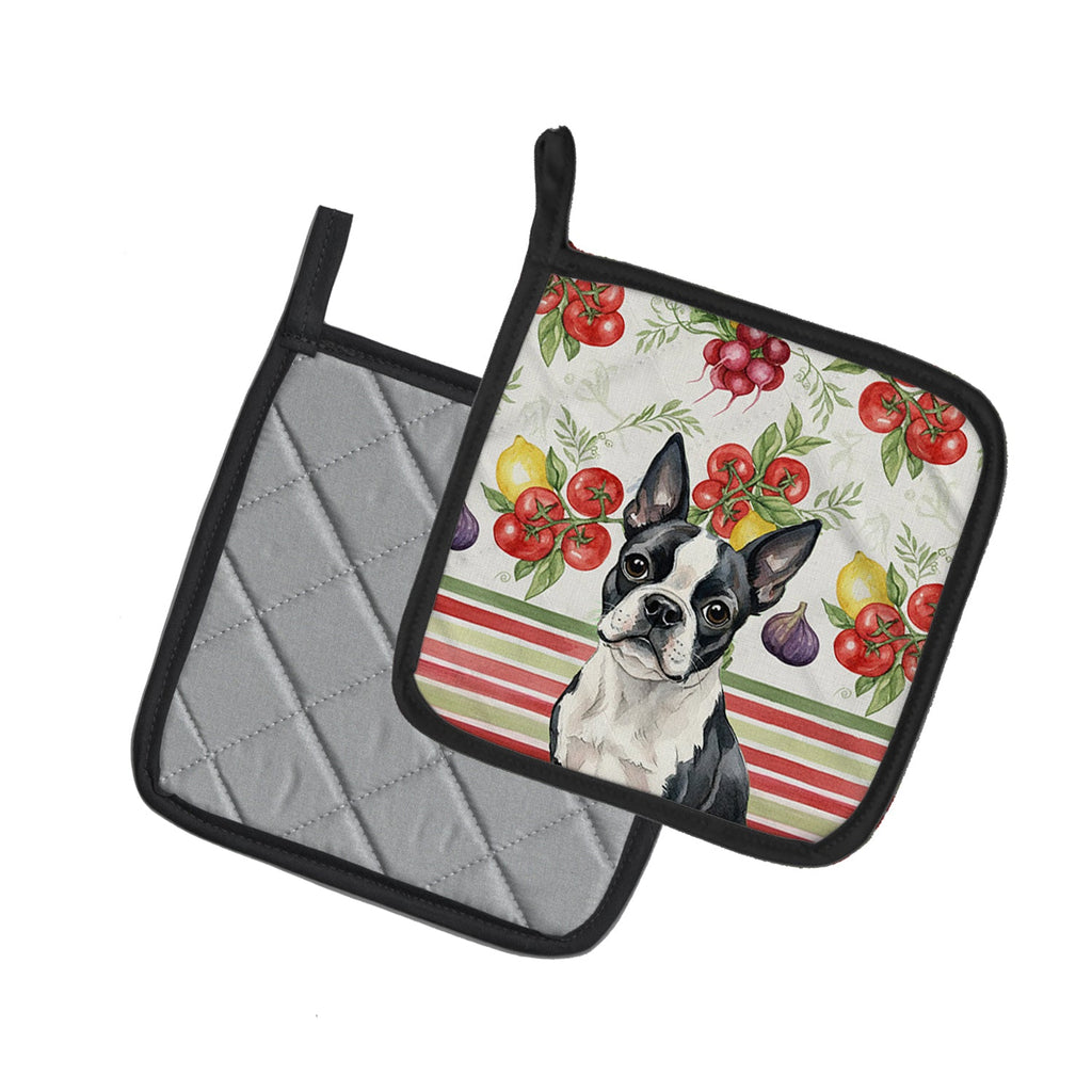 Boston Terrier Vegetables Pot Holder Set of 2 Heat Resistant Quilted Hot Pads 7.5 x 7.5 Inch, Insulated Kitchen Trivets for Cooking & Baking