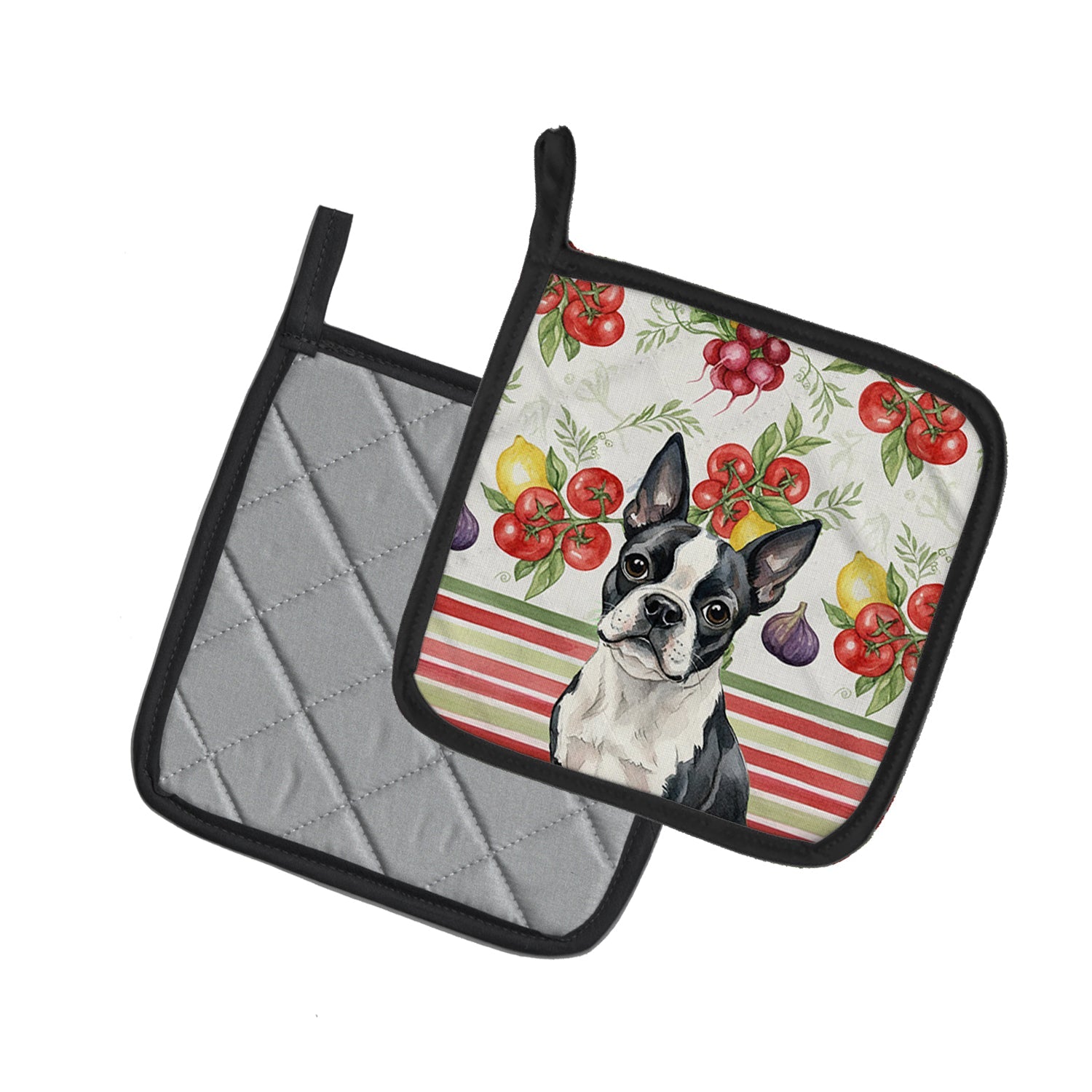 Boston Terrier Vegetables Pot Holder Set of 2 Heat Resistant Quilted Hot Pads 7.5 x 7.5 Inch, Insulated Kitchen Trivets for Cooking & Baking