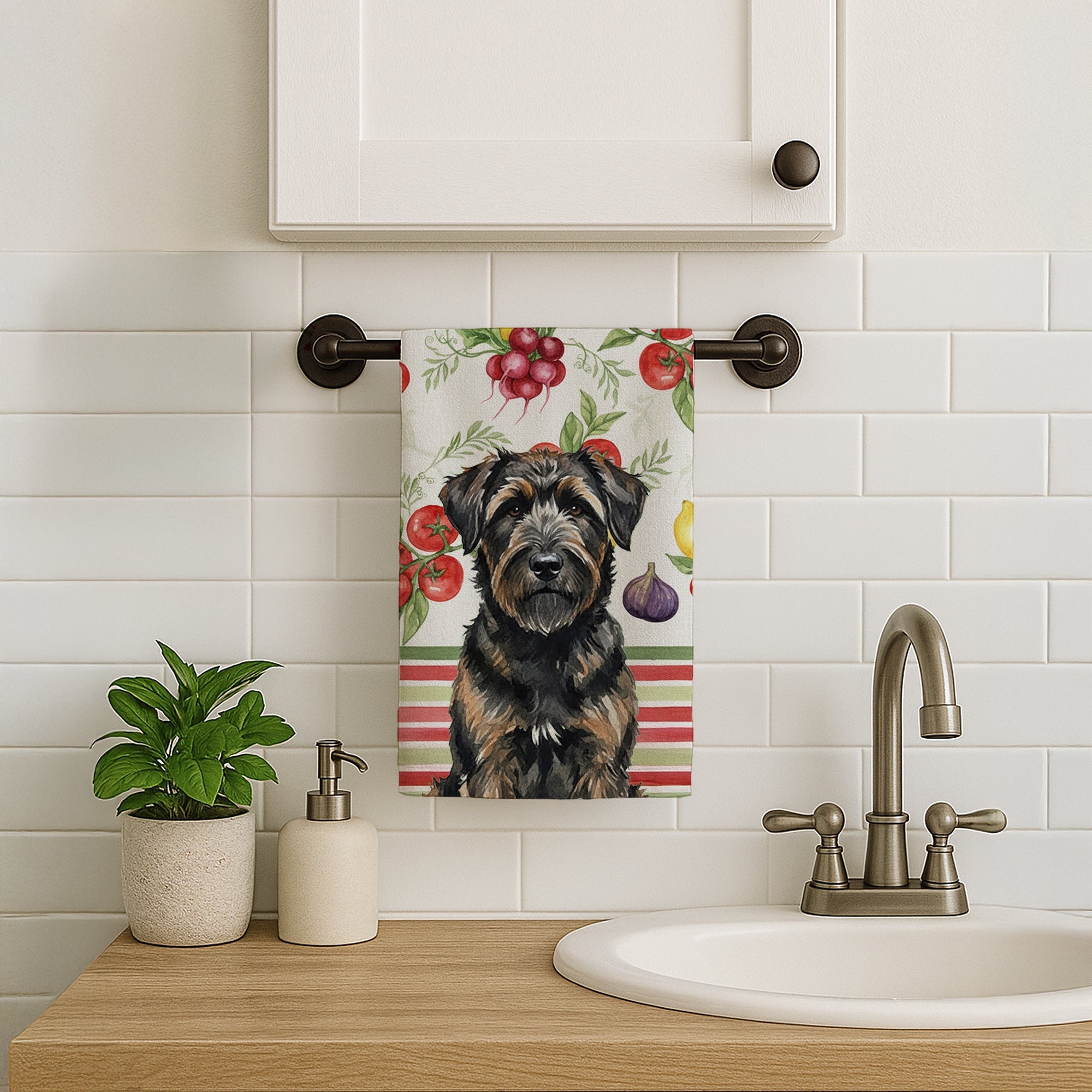 Brindle Bouvier des Flandres Vegetables Kitchen Towel Velour Plush Front and Cotton Loop Back Machine Washable