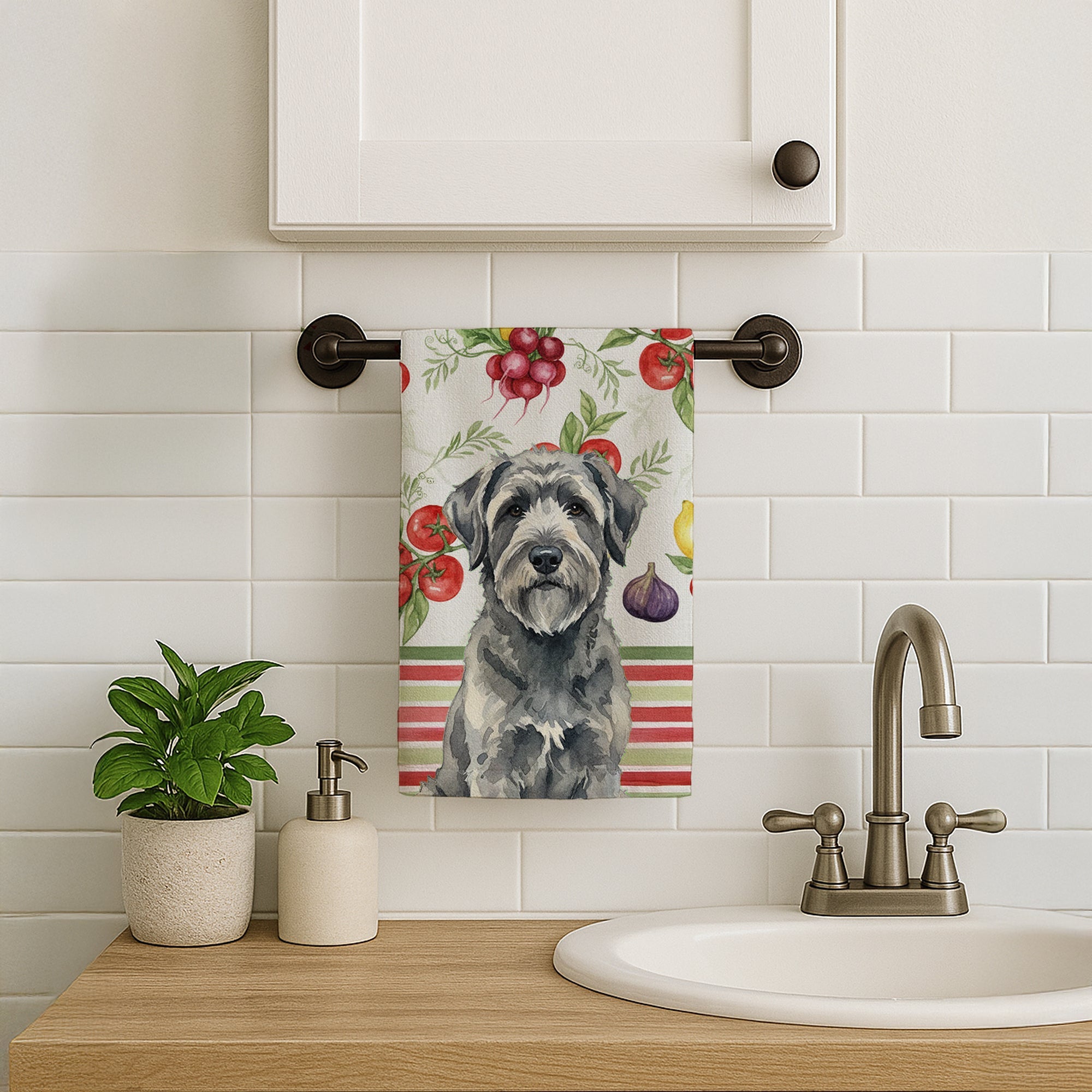Gray Bouvier des Flandres Vegetables Kitchen Towel Velour Plush Front and Cotton Loop Back Machine Washable