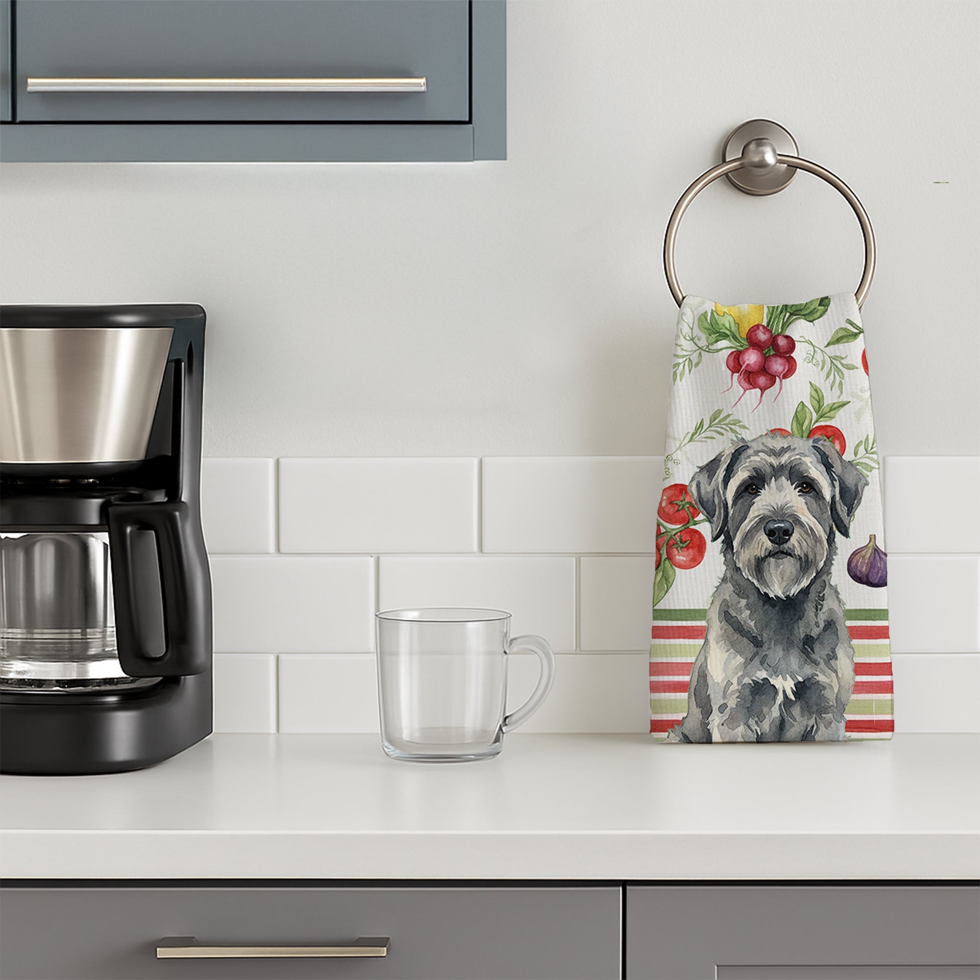 Gray Bouvier des Flandres Vegetables Kitchen Towel Velour Plush Front and Cotton Loop Back Machine Washable