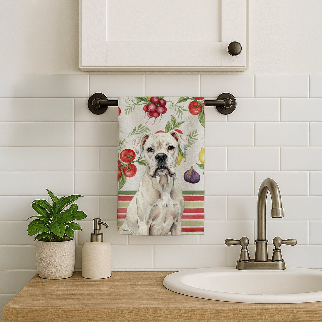 White Boxer Vegetables Kitchen Towel Velour Plush Front and Cotton Loop Back Machine Washable
