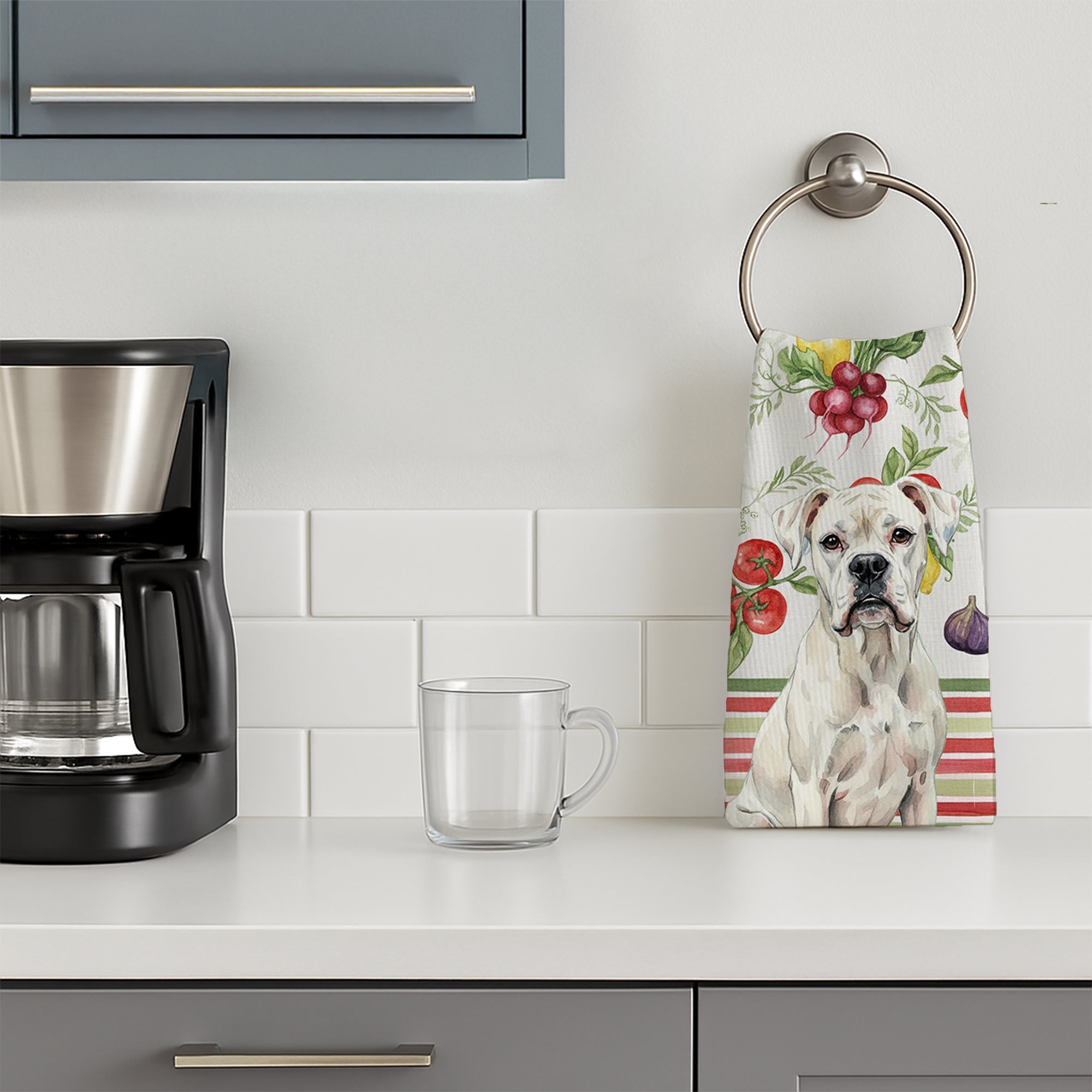 White Boxer Vegetables Kitchen Towel Velour Plush Front and Cotton Loop Back Machine Washable