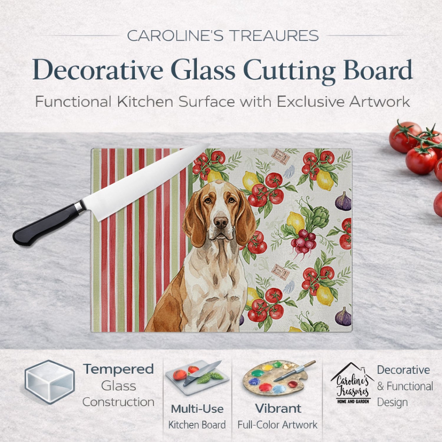 Bracco Italiano Vegetables Cutting Board Tempered Glass Kitchen Cutting Surface, Heat Resistant Chopping, Non-Slip Feet, Food Prep & Serving