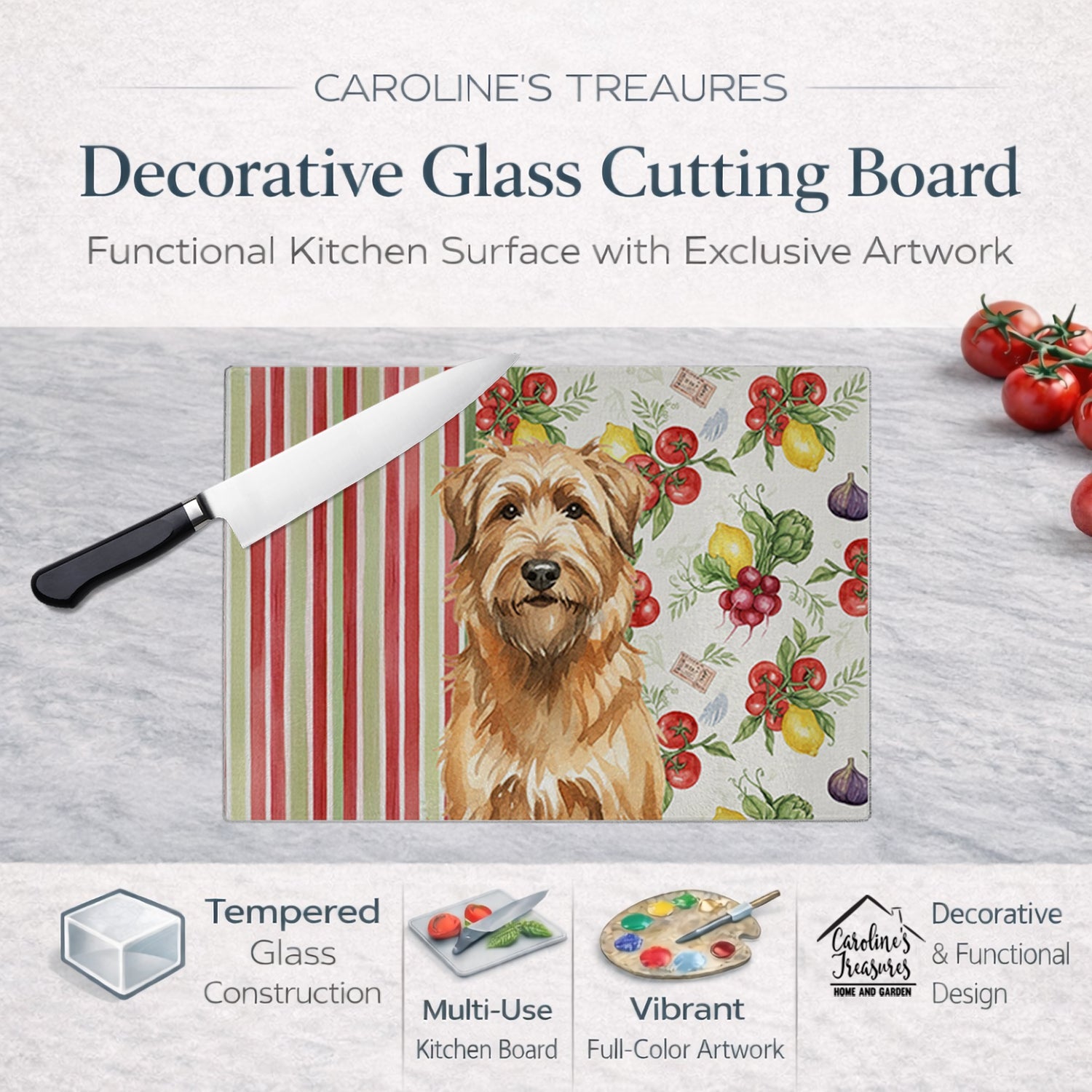 Tawny Briard Vegetables Cutting Board Tempered Glass Kitchen Cutting Surface, Heat Resistant Chopping, Non-Slip Feet, Food Prep & Serving