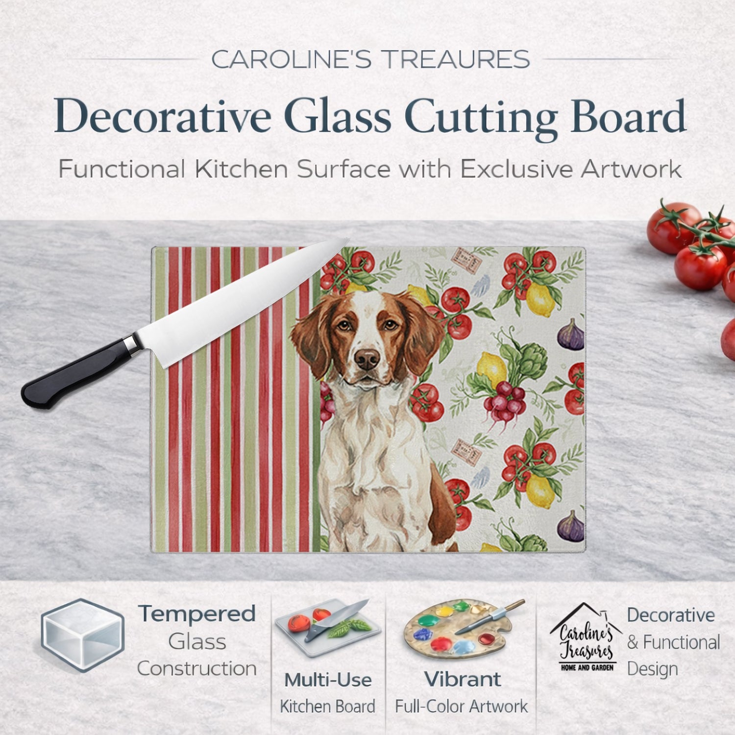 Liver and White Brittany Vegetables Cutting Board Tempered Glass Kitchen Cutting Surface, Heat Resistant Chopping, Non-Slip Feet, Food Prep & Serving