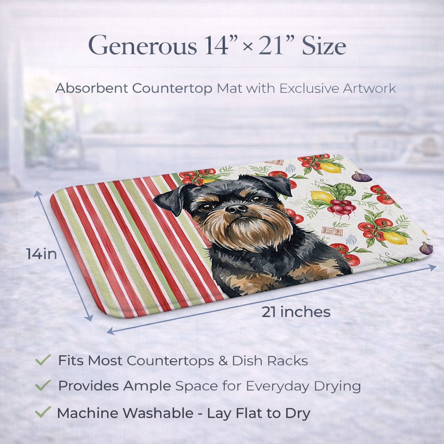 Black and Tan Brussels Griffon Vegetables Dish Drying Mat Absorbent Dish Drying Mat Pad for Kitchen Counter Dish Drainer Mat for Countertop, 14 x 21", Multicolor