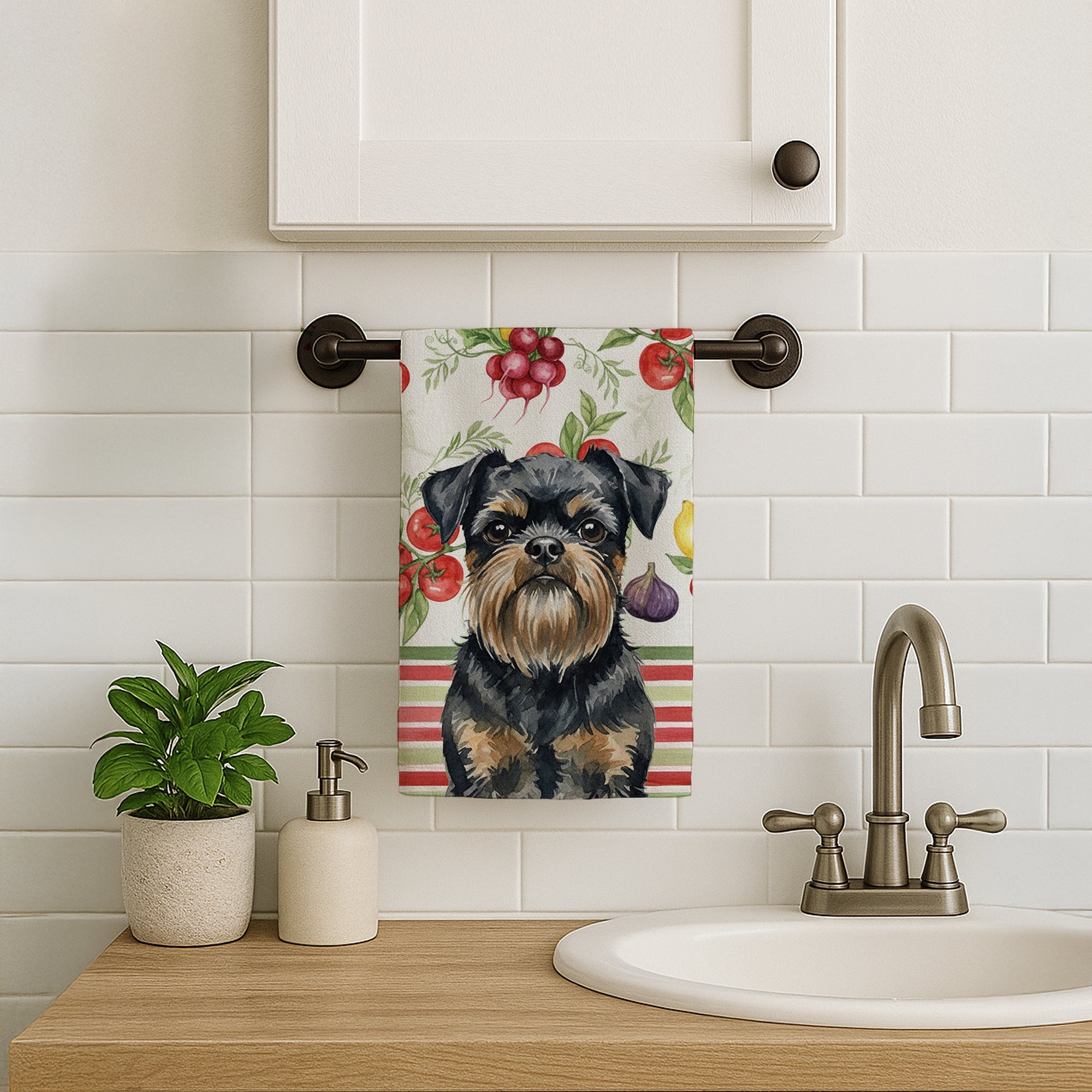 Black and Tan Brussels Griffon Vegetables Kitchen Towel Velour Plush Front and Cotton Loop Back Machine Washable