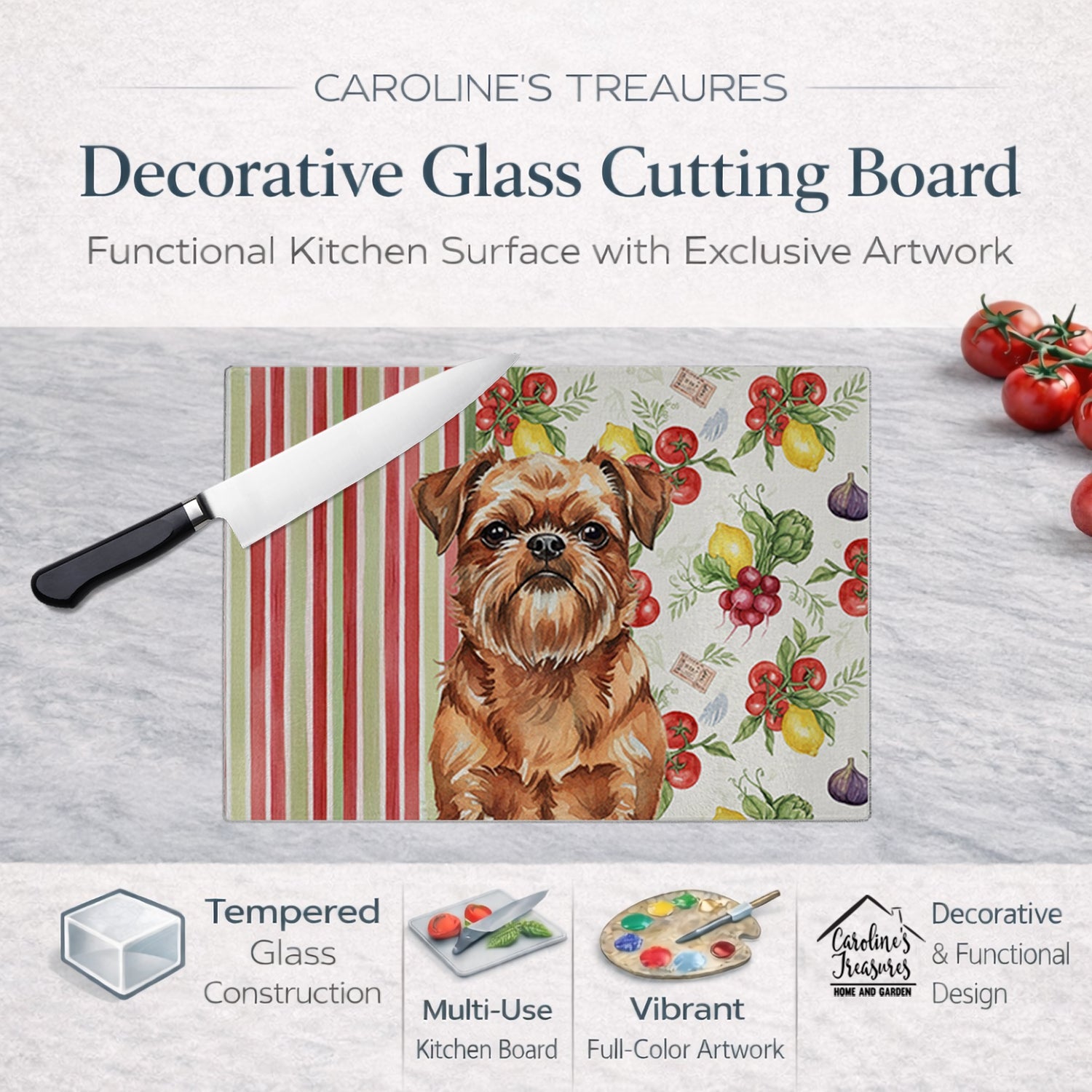 Red Brussels Griffon Vegetables Cutting Board Tempered Glass Kitchen Cutting Surface, Heat Resistant Chopping, Non-Slip Feet, Food Prep & Serving
