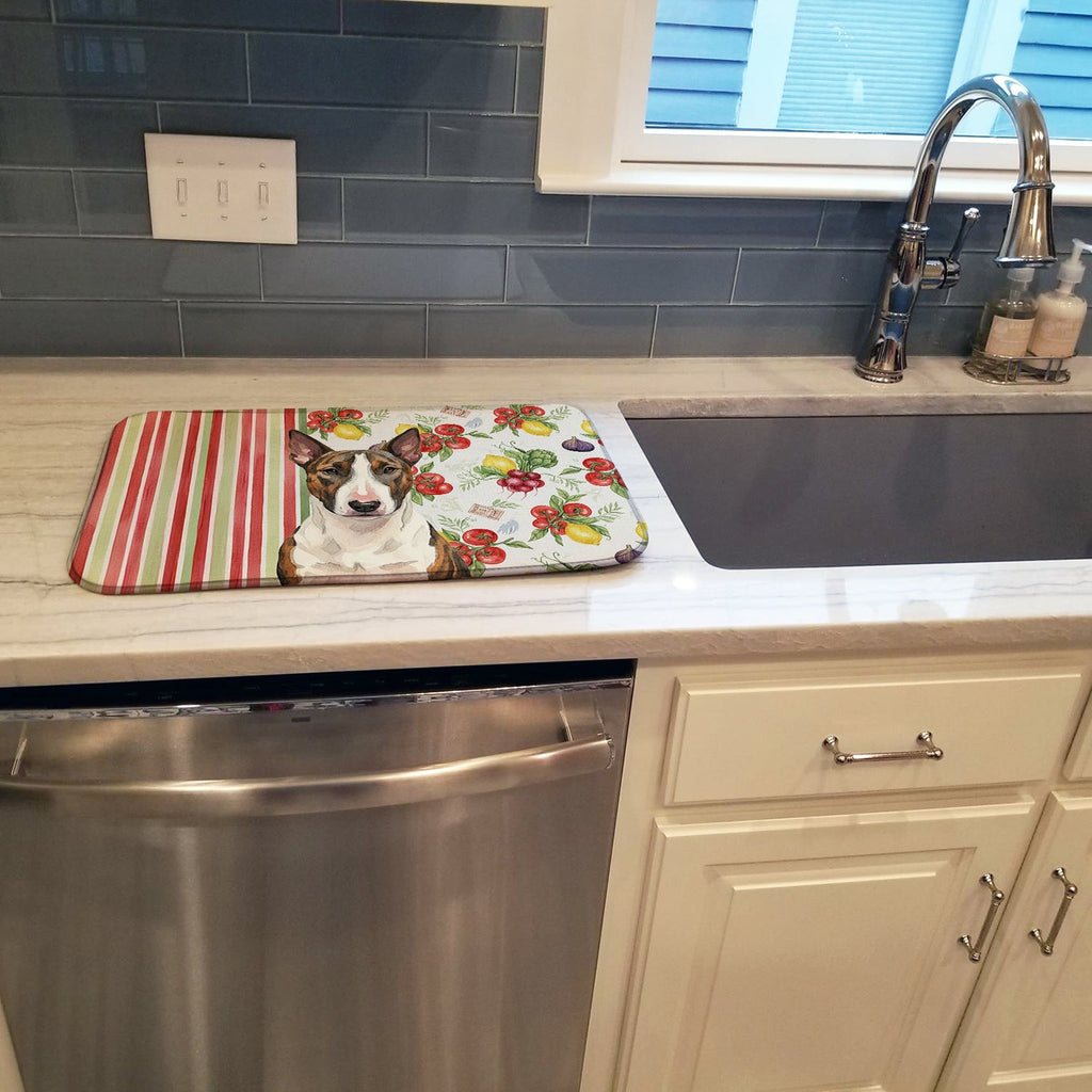 Brindle and White Bull Terrier Vegetables Dish Drying Mat Absorbent Dish Drying Mat Pad for Kitchen Counter Dish Drainer Mat for Countertop, 14 x 21", Multicolor
