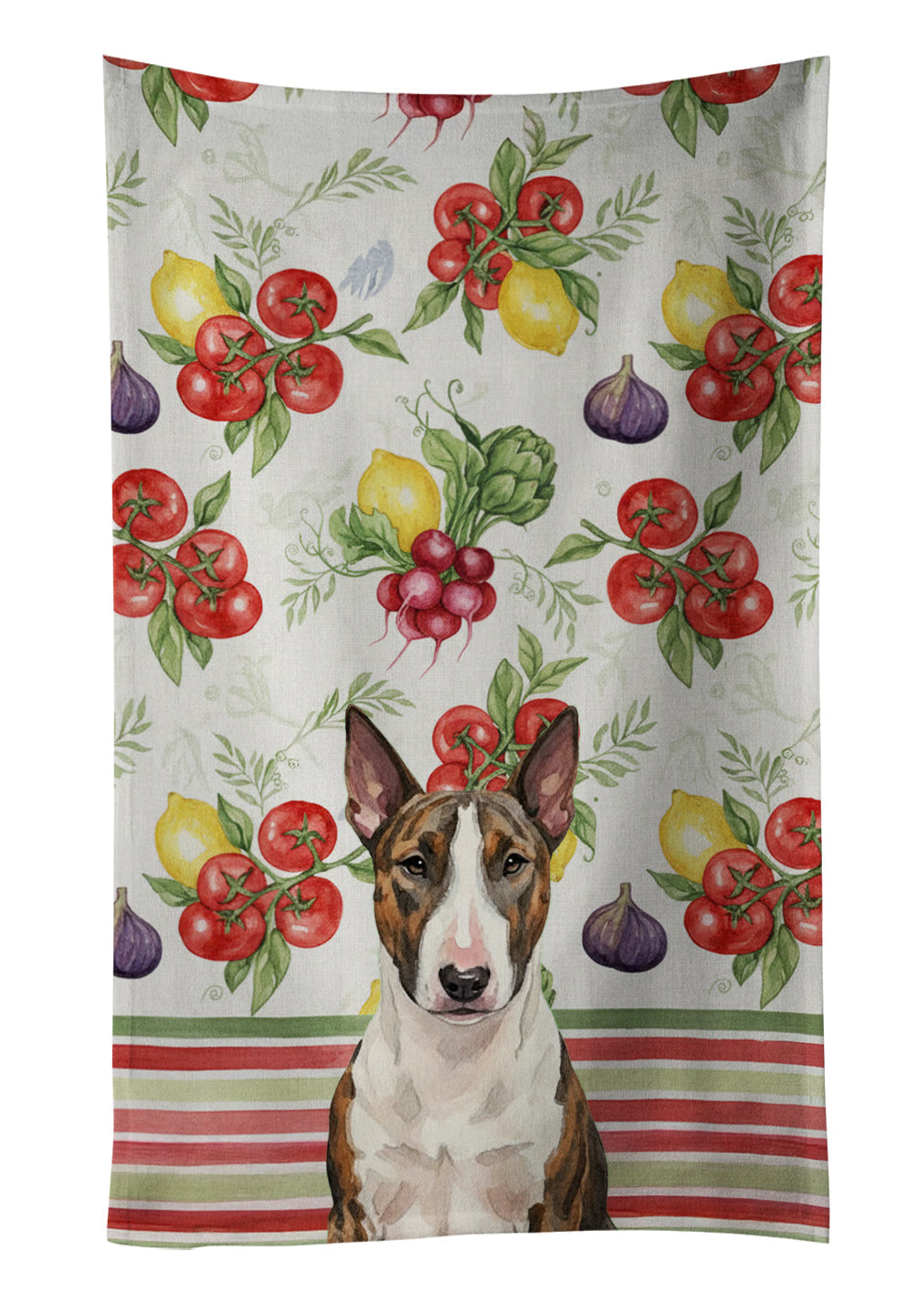 Brindle and White Bull Terrier Vegetables Kitchen Towel Velour Plush Front and Cotton Loop Back Machine Washable