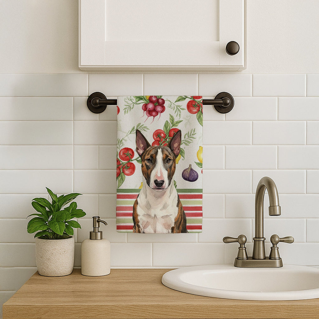 Brindle and White Bull Terrier Vegetables Kitchen Towel Velour Plush Front and Cotton Loop Back Machine Washable