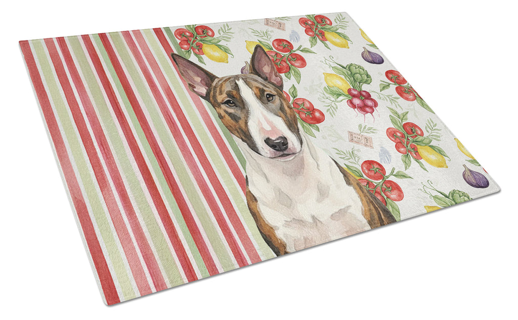 Brindle and White Bull Terrier Vegetables Cutting Board Tempered Glass Kitchen Cutting Surface, Heat Resistant Chopping, Non-Slip Feet, Food Prep & Serving
