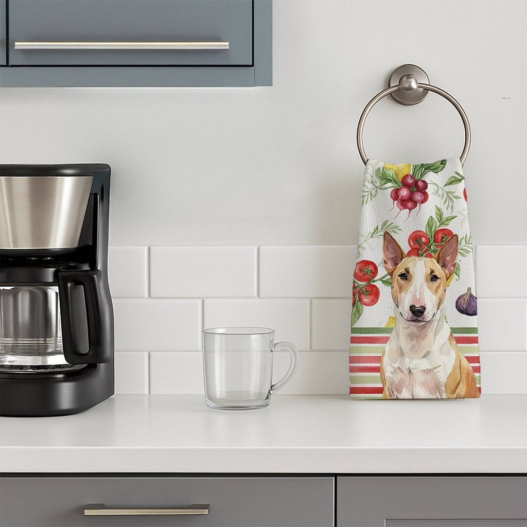 Fawn and White Bull Terrier Vegetables Kitchen Towel Velour Plush Front and Cotton Loop Back Machine Washable