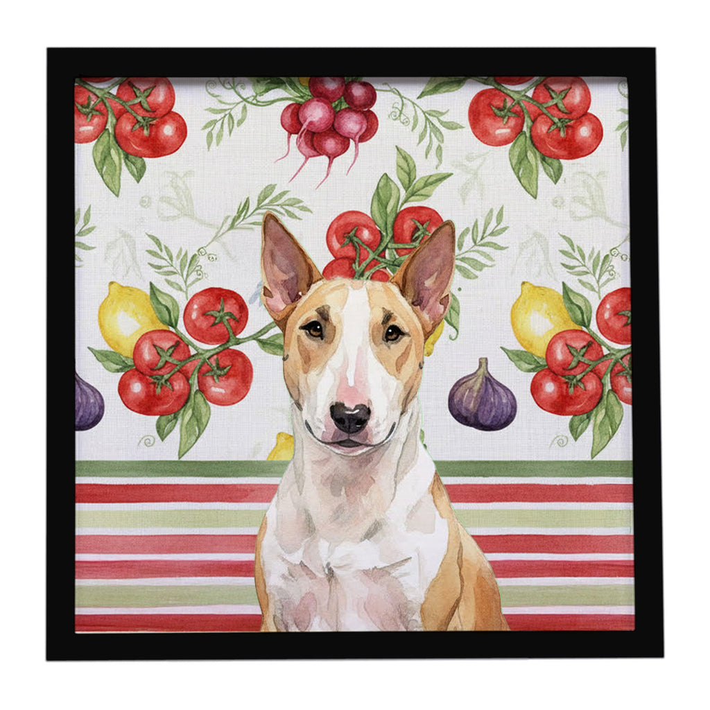 Fawn and White Bull Terrier Vegetables Framed Metal Print Bathroom, Kitchen, Office, Home Decor Wall Art Ready to Hang, Square, 8X8