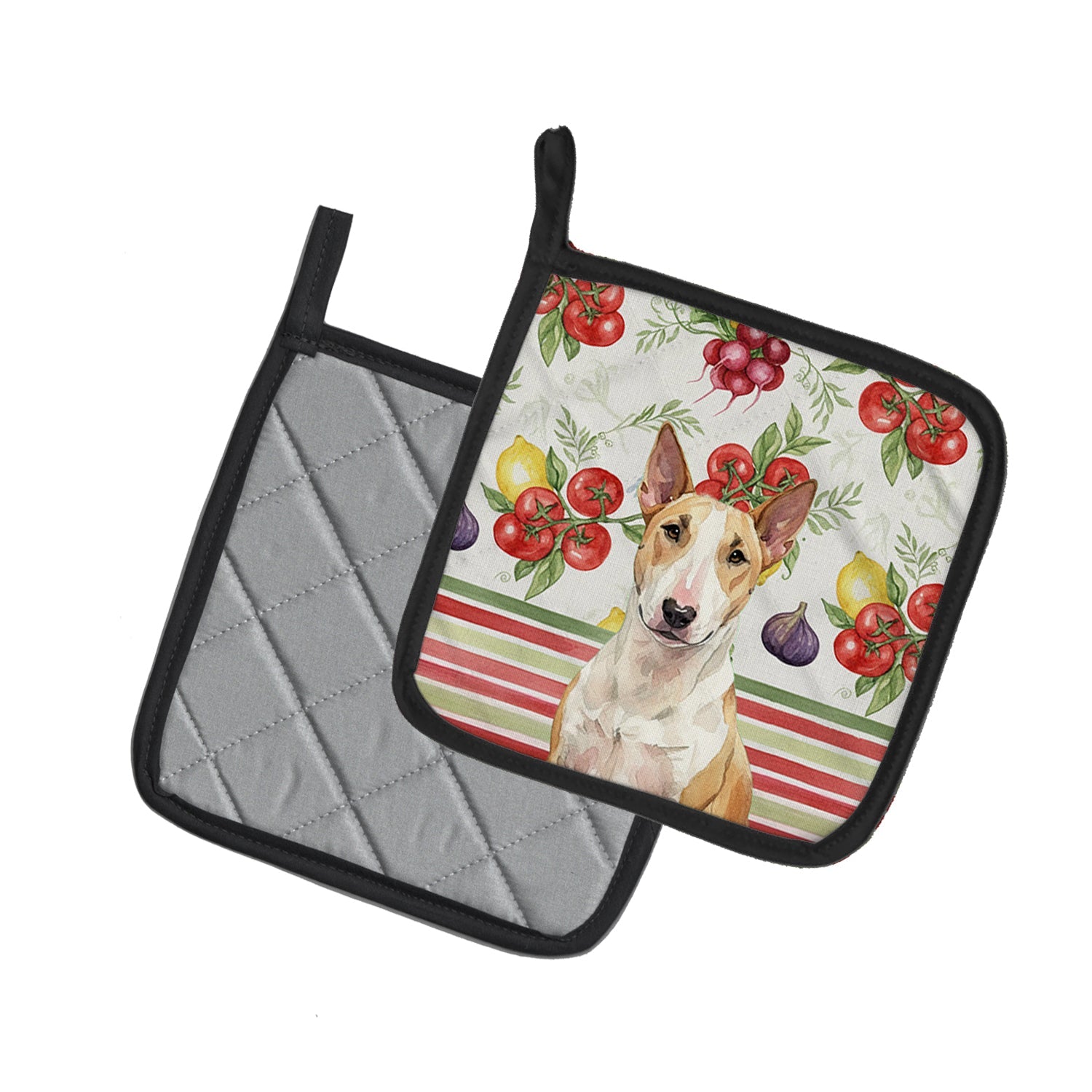 Fawn and White Bull Terrier Vegetables Pot Holder Set of 2 Heat Resistant Quilted Hot Pads 7.5 x 7.5 Inch, Insulated Kitchen Trivets for Cooking & Baking
