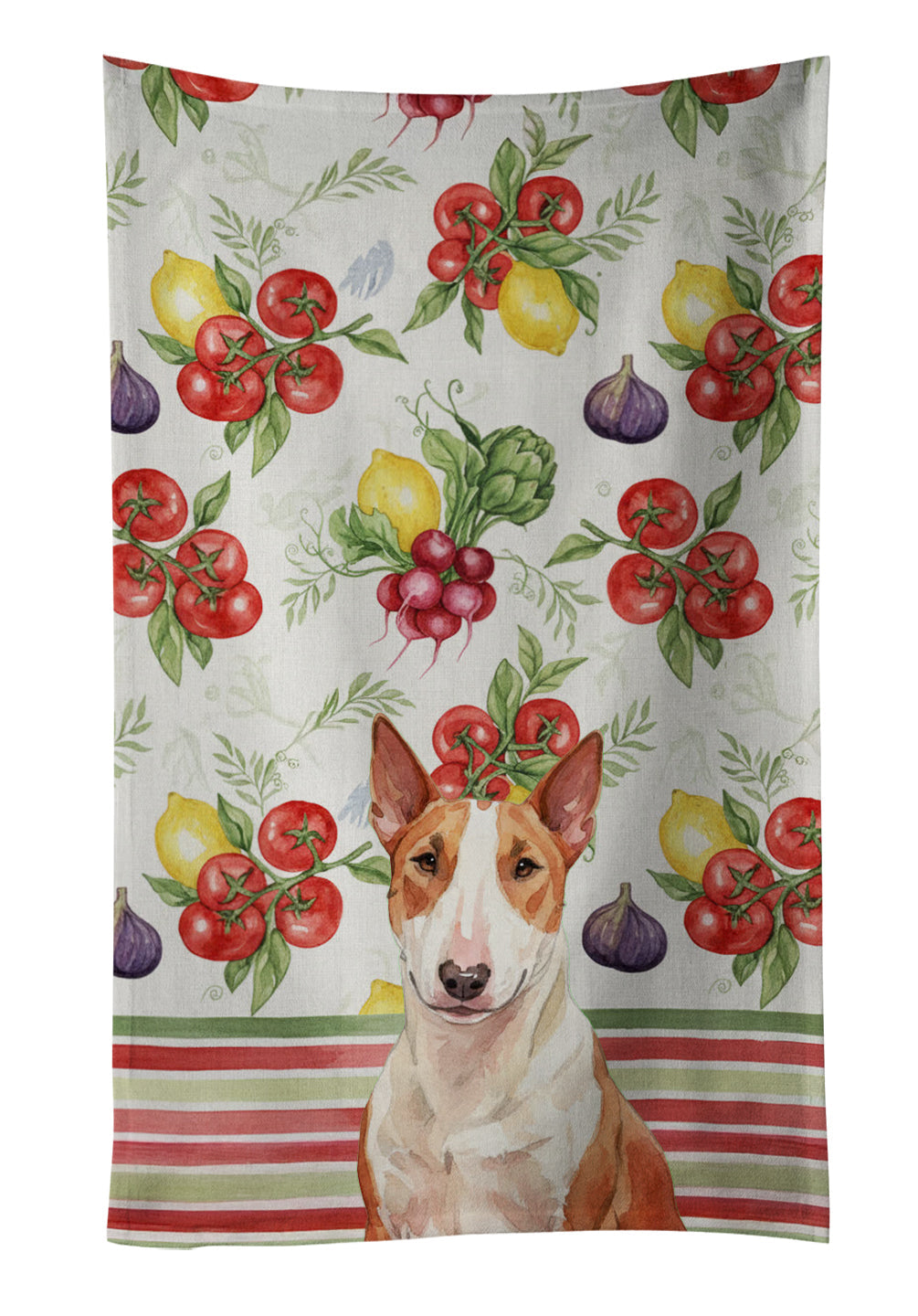 Red and White Bull Terrier Vegetables Kitchen Towel Velour Plush Front and Cotton Loop Back Machine Washable