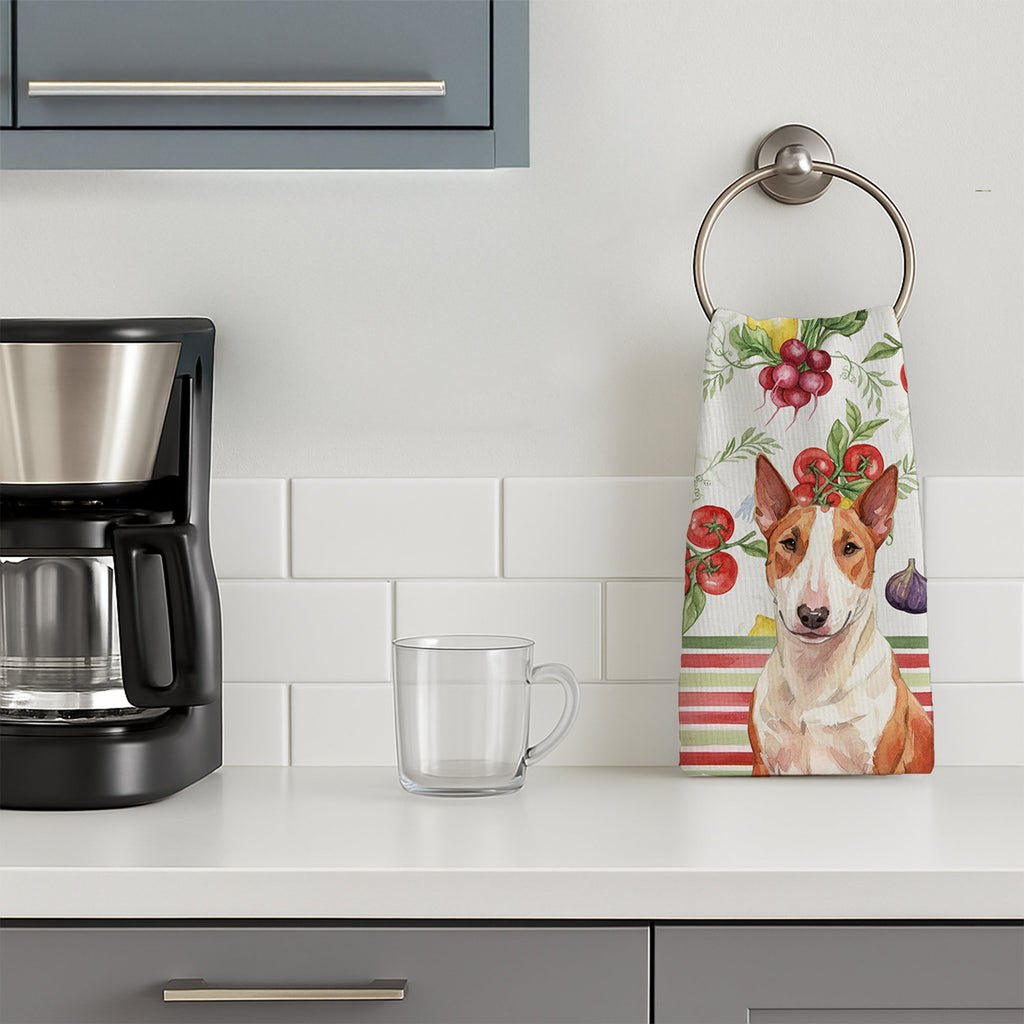 Red and White Bull Terrier Vegetables Kitchen Towel Velour Plush Front and Cotton Loop Back Machine Washable