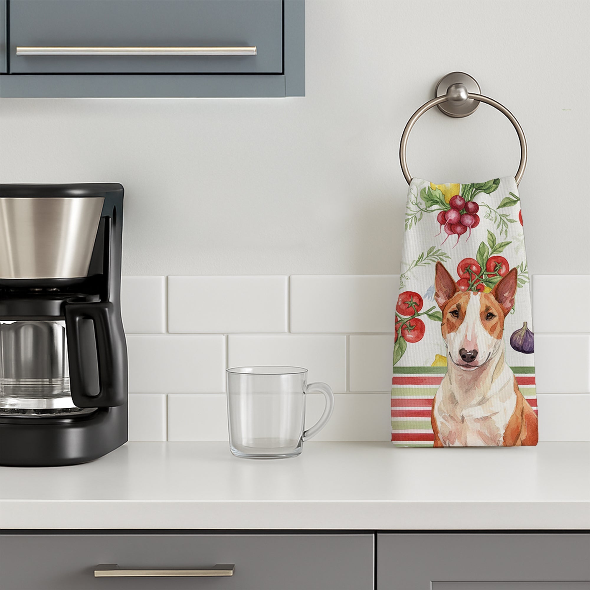 Red and White Bull Terrier Vegetables Kitchen Towel Velour Plush Front and Cotton Loop Back Machine Washable