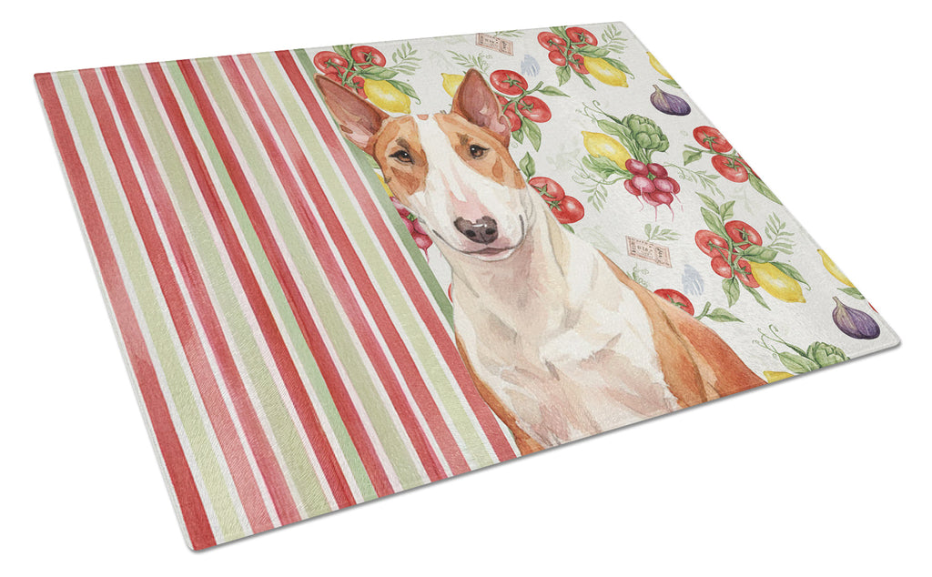 Red and White Bull Terrier Vegetables Cutting Board Tempered Glass Kitchen Cutting Surface, Heat Resistant Chopping, Non-Slip Feet, Food Prep & Serving