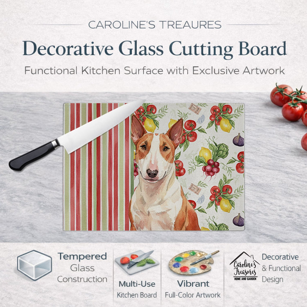 Red and White Bull Terrier Vegetables Cutting Board Tempered Glass Kitchen Cutting Surface, Heat Resistant Chopping, Non-Slip Feet, Food Prep & Serving