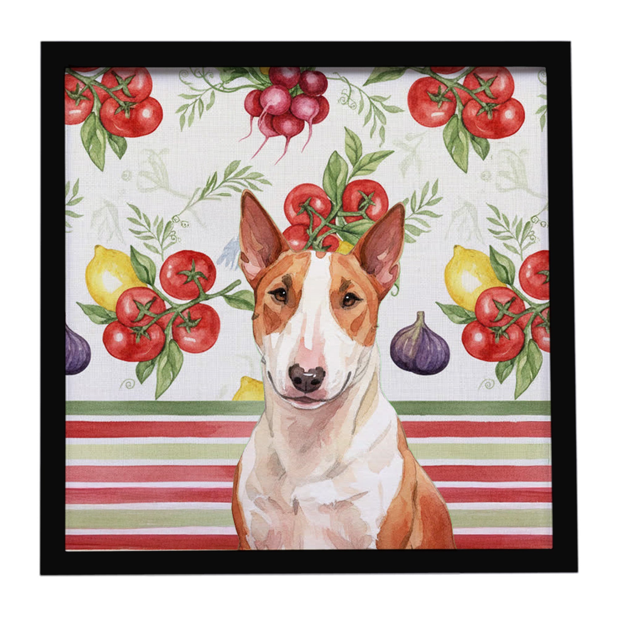 Red and White Bull Terrier Vegetables Framed Metal Print Bathroom, Kitchen, Office, Home Decor Wall Art Ready to Hang, Square, 8X8