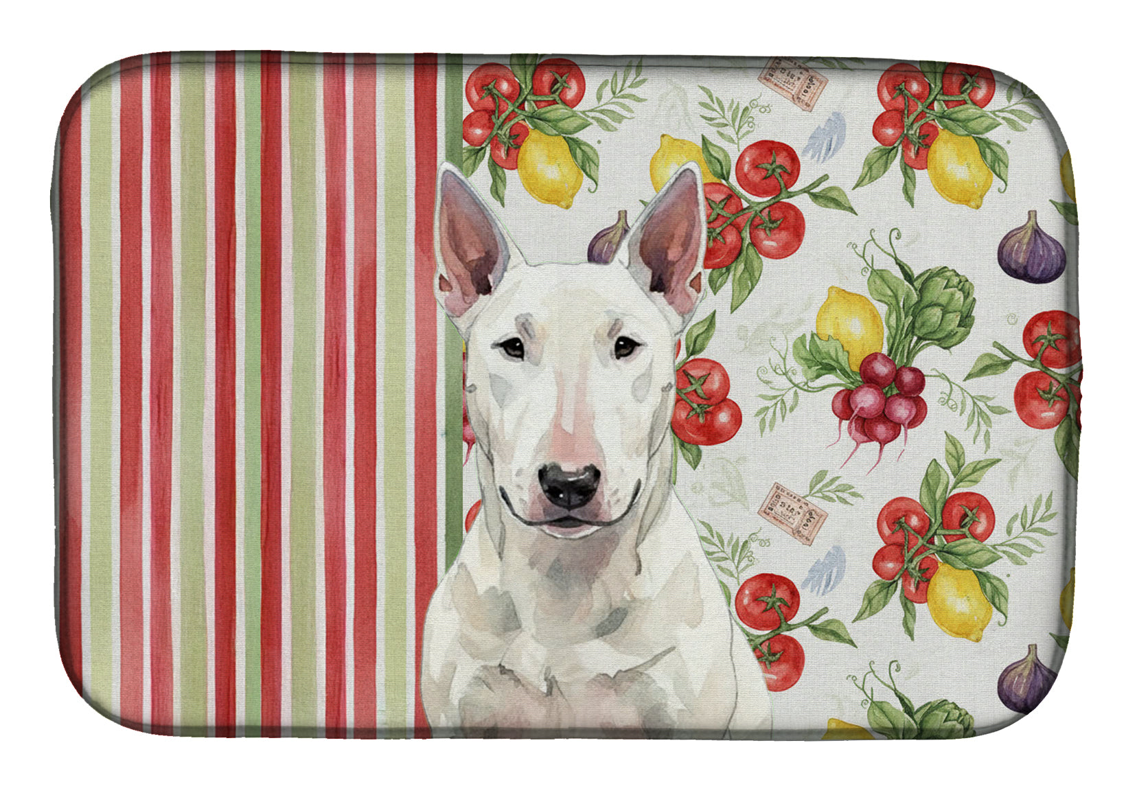 White Bull Terrier Vegetables Dish Drying Mat Absorbent Dish Drying Mat Pad for Kitchen Counter Dish Drainer Mat for Countertop, 14 x 21", Multicolor