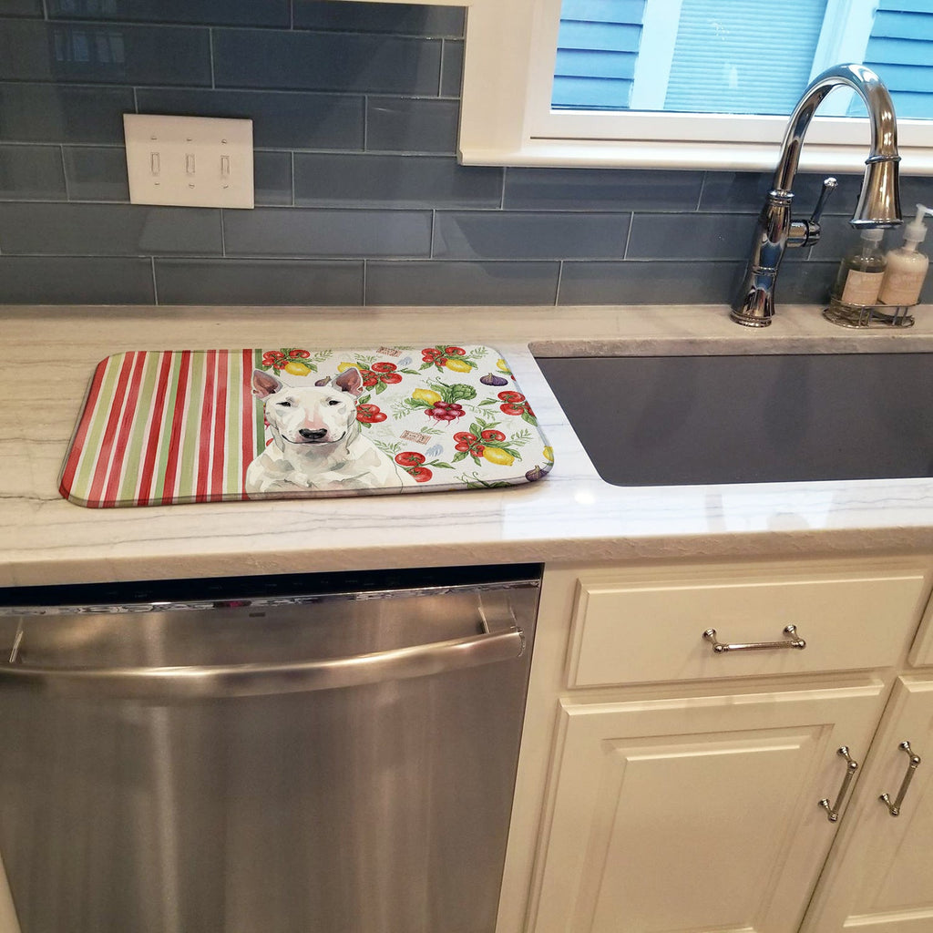 White Bull Terrier Vegetables Dish Drying Mat Absorbent Dish Drying Mat Pad for Kitchen Counter Dish Drainer Mat for Countertop, 14 x 21", Multicolor