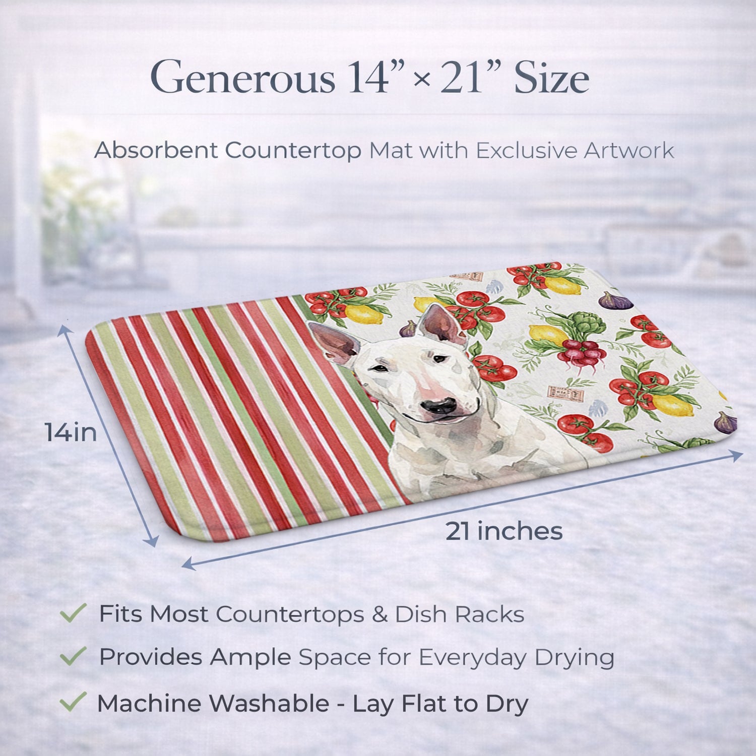 White Bull Terrier Vegetables Dish Drying Mat Absorbent Dish Drying Mat Pad for Kitchen Counter Dish Drainer Mat for Countertop, 14 x 21", Multicolor