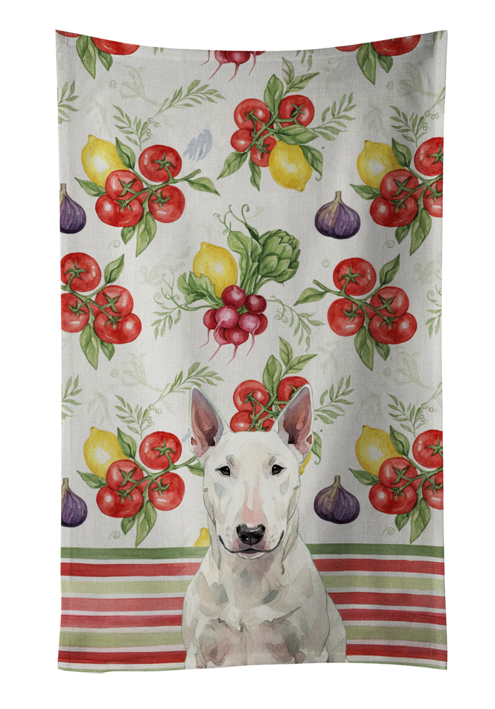 White Bull Terrier Vegetables Kitchen Towel Velour Plush Front and Cotton Loop Back Machine Washable