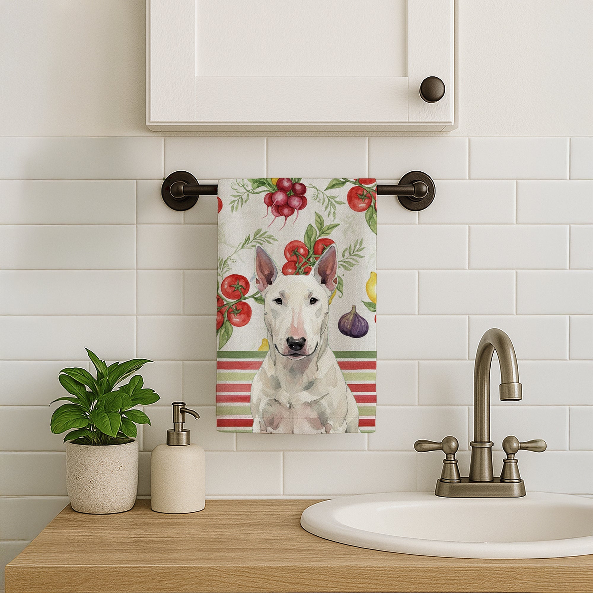 White Bull Terrier Vegetables Kitchen Towel Velour Plush Front and Cotton Loop Back Machine Washable