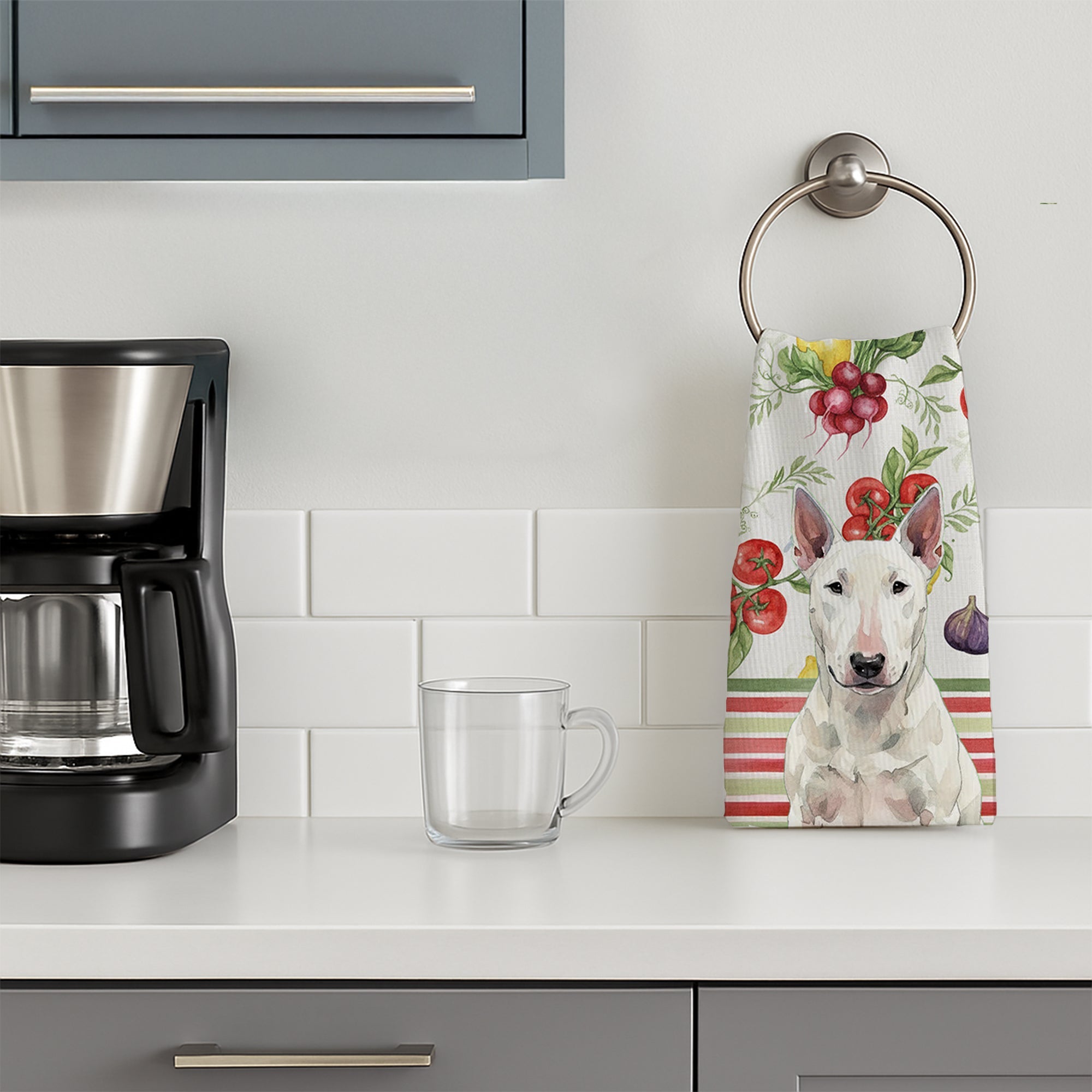 White Bull Terrier Vegetables Kitchen Towel Velour Plush Front and Cotton Loop Back Machine Washable