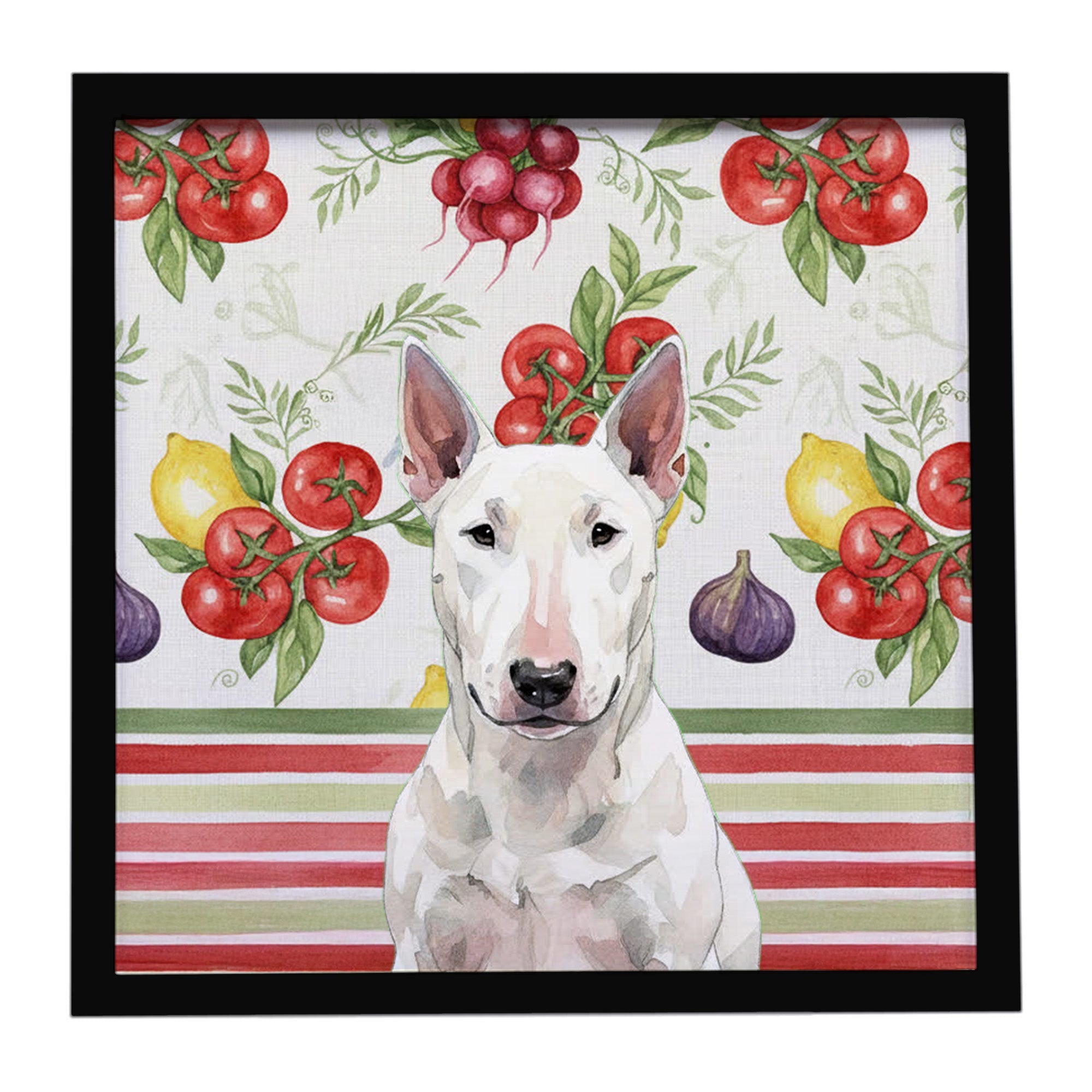 White Bull Terrier Vegetables Framed Metal Print Bathroom, Kitchen, Office, Home Decor Wall Art Ready to Hang, Square, 8X8