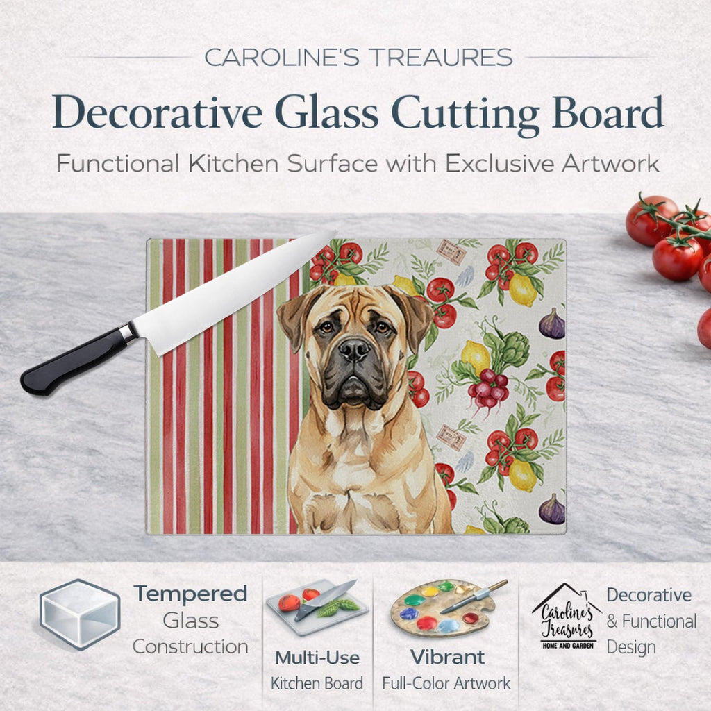 Bullmastiff Vegetables Cutting Board Tempered Glass Kitchen Cutting Surface, Heat Resistant Chopping, Non-Slip Feet, Food Prep & Serving