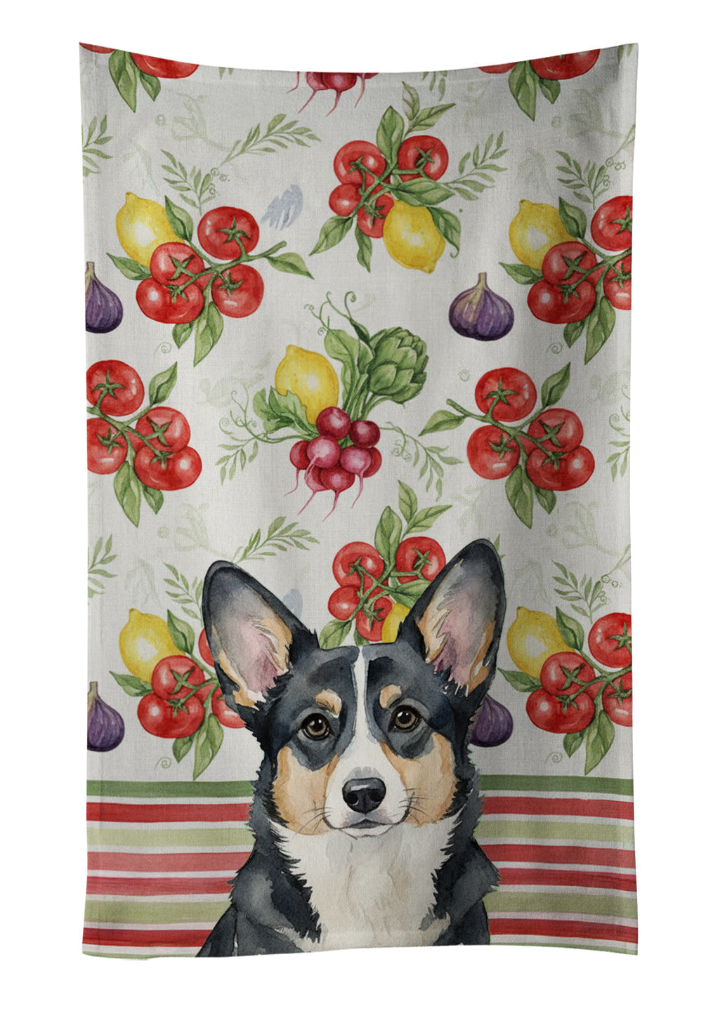 Black and White Cardigan Welsh Corgi Vegetables Kitchen Towel Velour Plush Front and Cotton Loop Back Machine Washable