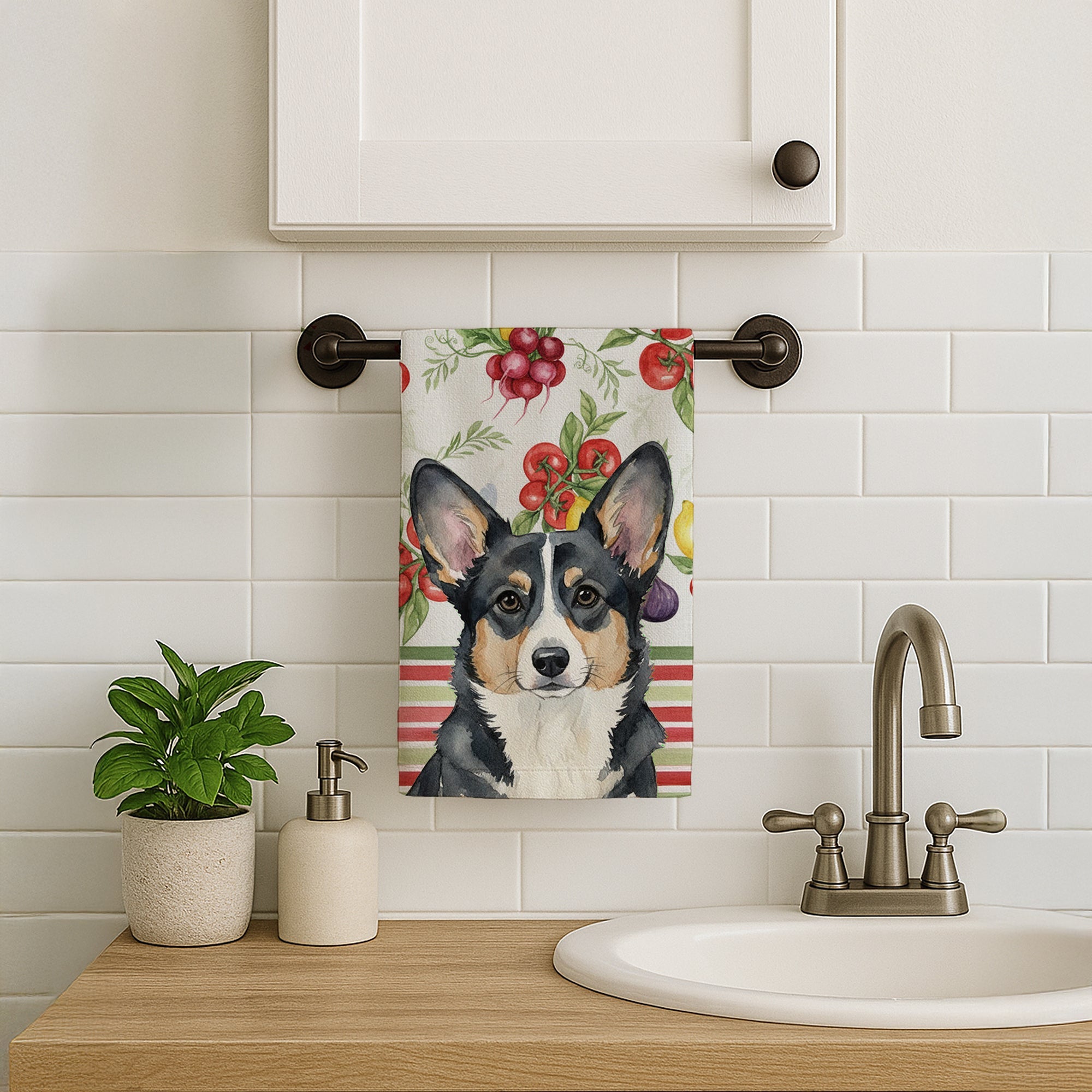 Black and White Cardigan Welsh Corgi Vegetables Kitchen Towel Velour Plush Front and Cotton Loop Back Machine Washable